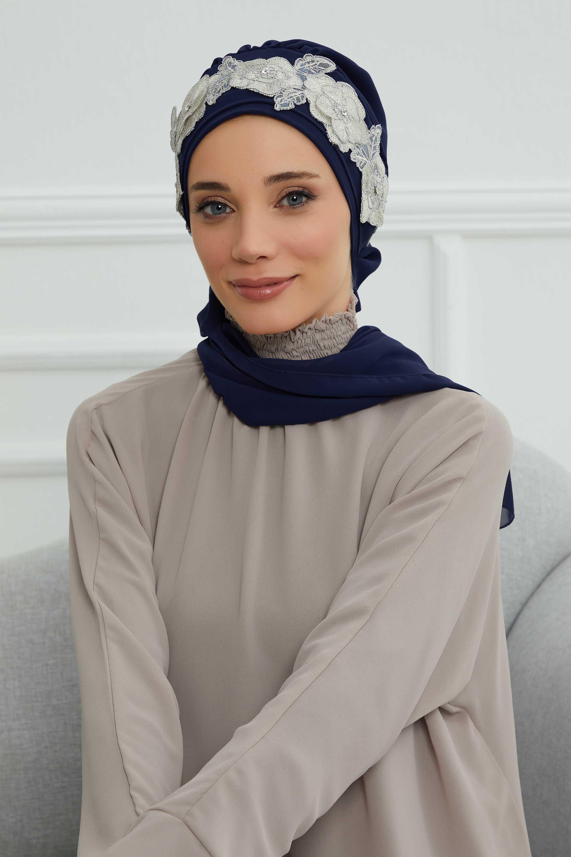 Çiçekli Taç Aksesuarlı Şifon Hazır Türban,HT-103,HT-103 Lacivert-Gümüş