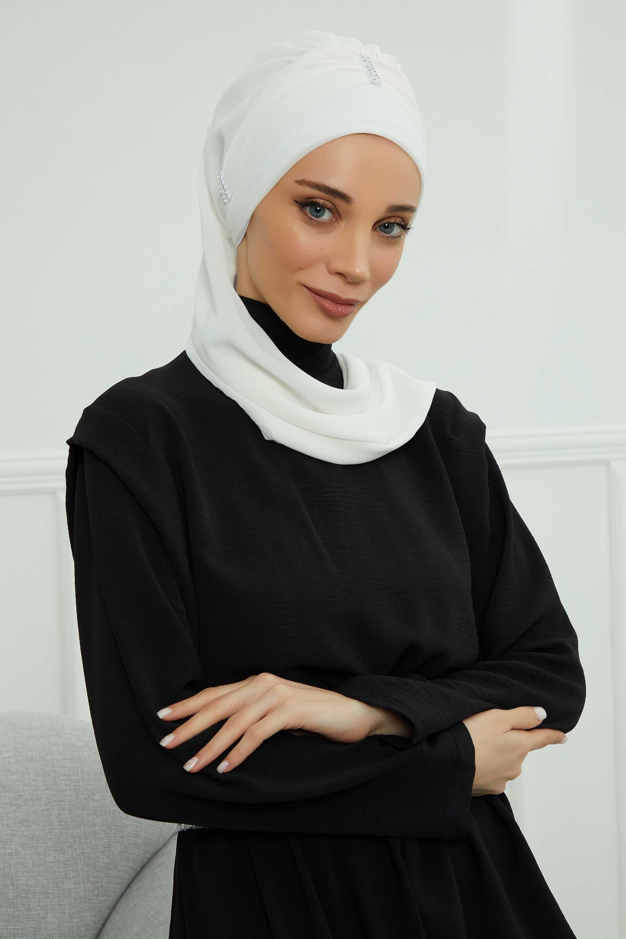 Renkli Taş Aksesuarlı Şifon Hazır Türban,HT-51,HT-51 Kırık Beyaz