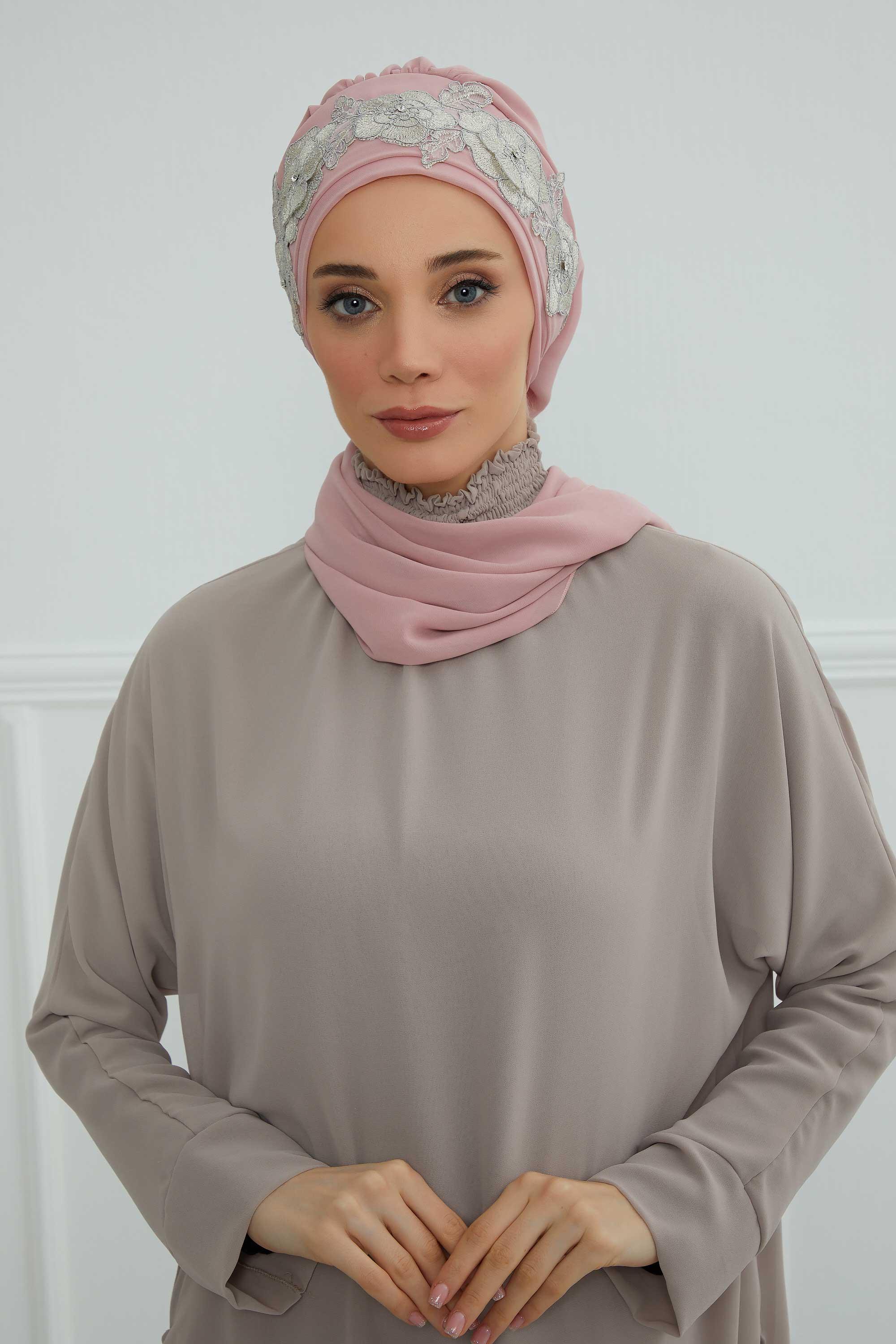 Çiçekli Taç Aksesuarlı Şifon Hazır Türban,HT-103,HT-103 Pudra-Gümüş