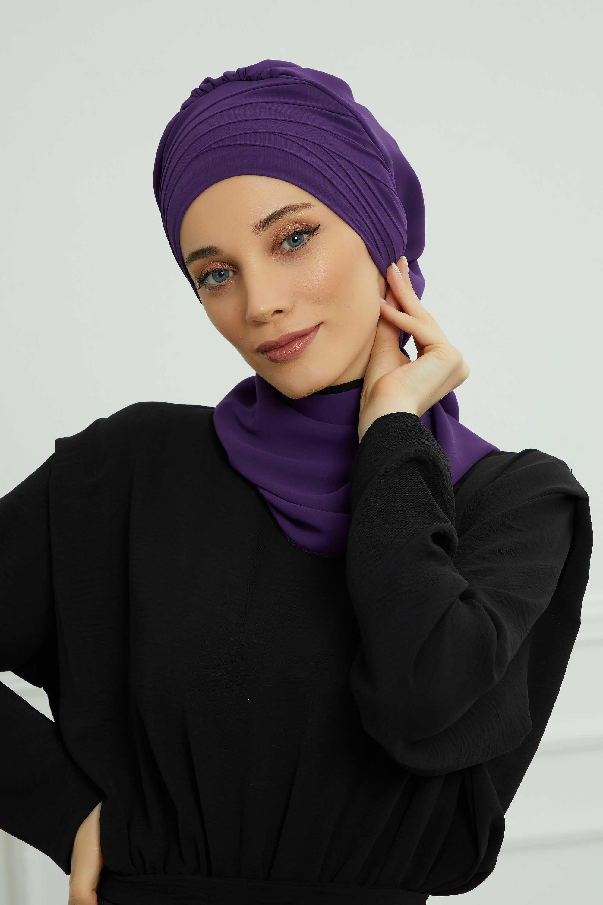 Çapraz Dikim Fularlı Tasarım Şifon Hazır Türban,HT-48 Mor