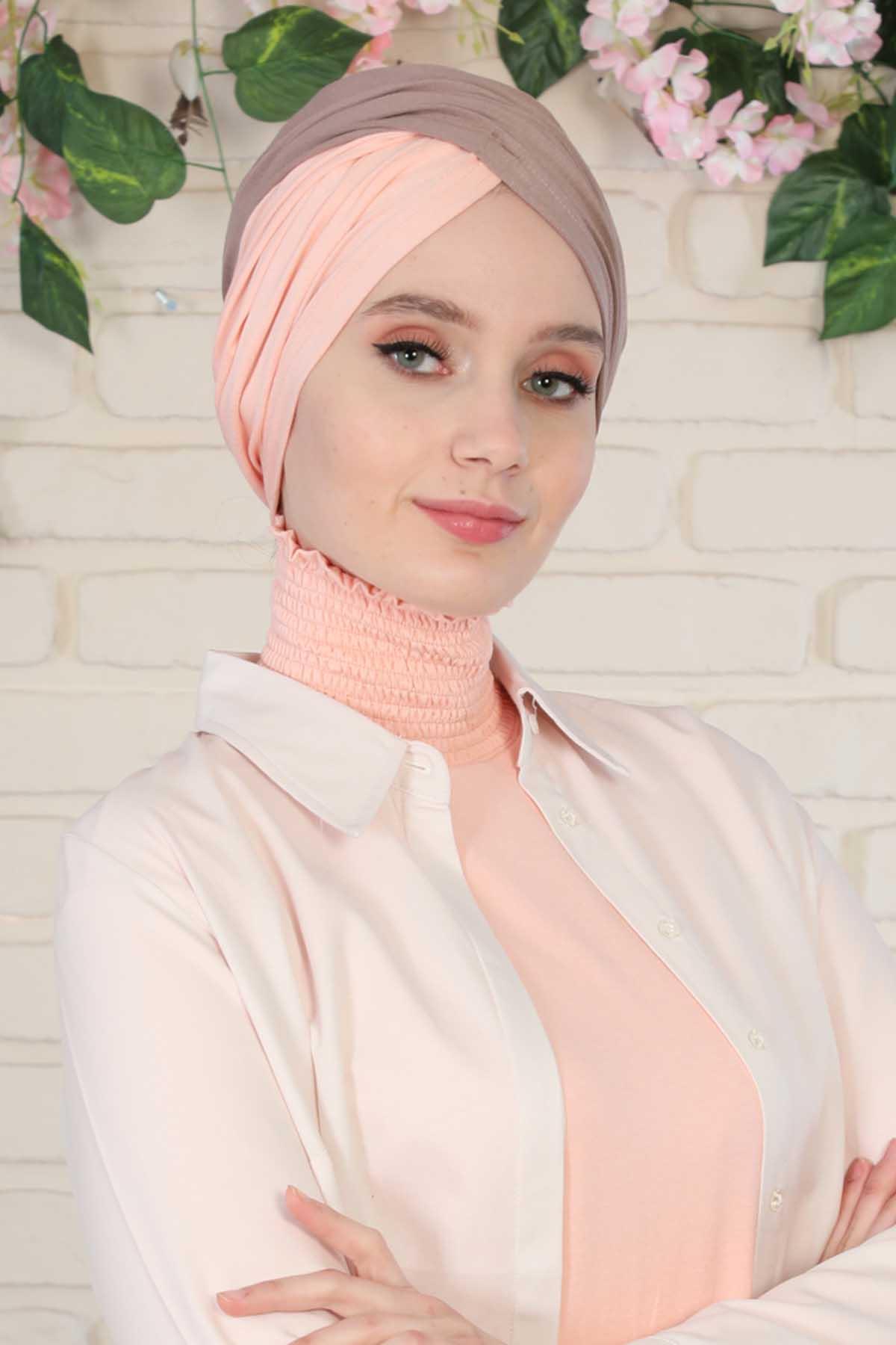 Tesettür Bone İki Renki,B-9A Vizon - Pudra