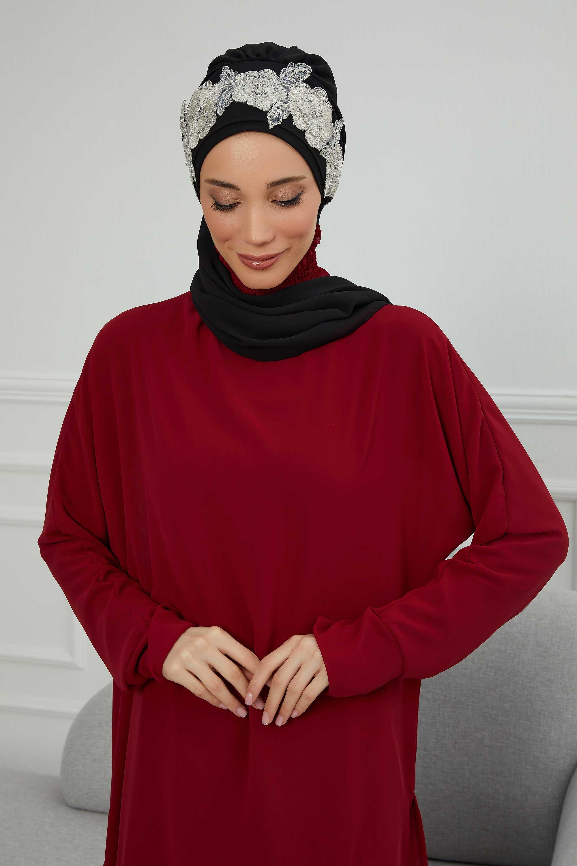 Çiçekli Taç Aksesuarlı Şifon Hazır Türban,HT-103,HT-103 Siyah-Gümüş