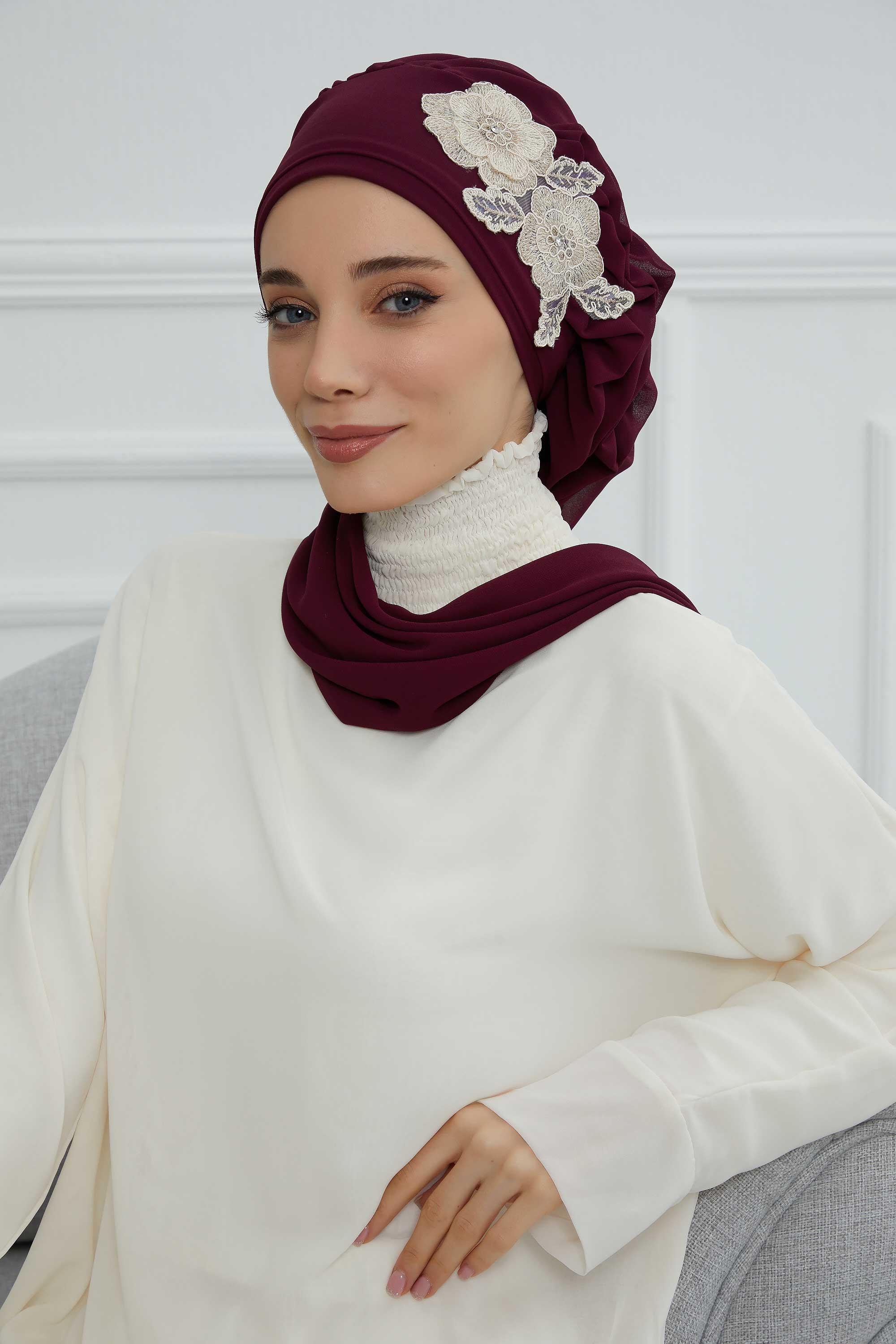 Yandan Fırfırlı Çiçek Aksesuarlı Şifon Hazır Türban,HT-102,HT-102 Mürdüm-Gold