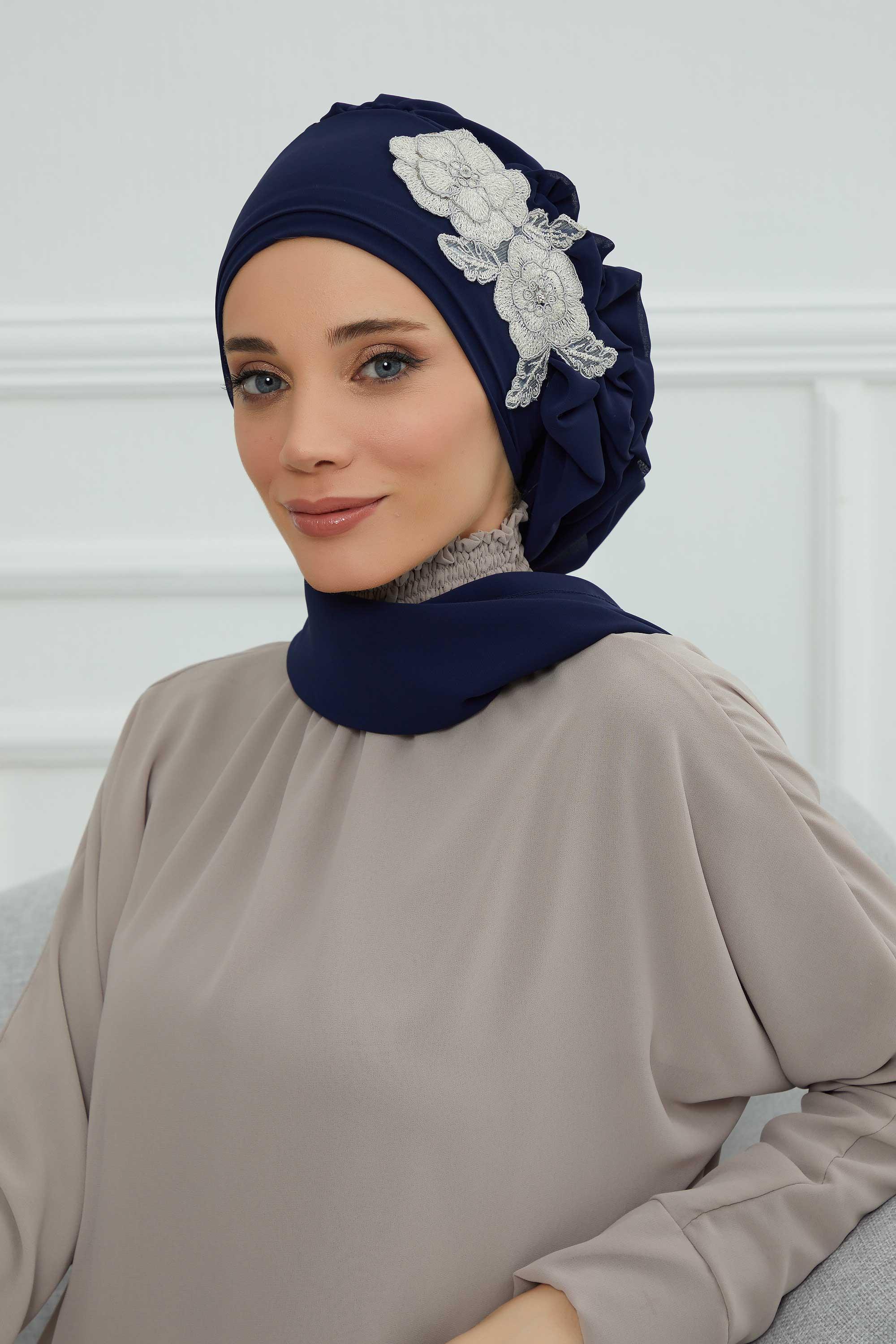 Yandan Fırfırlı Çiçek Aksesuarlı Şifon Hazır Türban,HT-102,HT-102 Lacivert-Gümüş