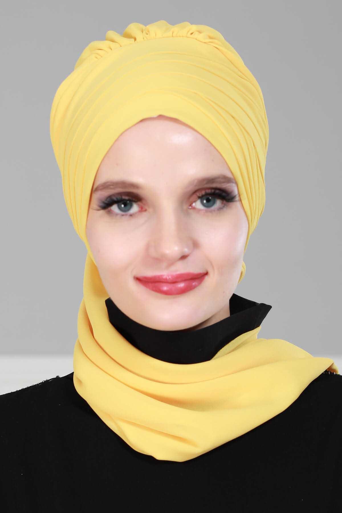 Çapraz Dikim Fularlı Tasarım Şifon Hazır Türban,HT-48 Sarı