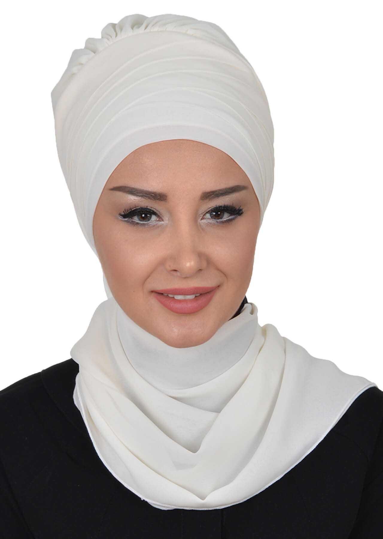 Çapraz Dikim Fularlı Tasarım Şifon Hazır Türban,HT-48 Krem