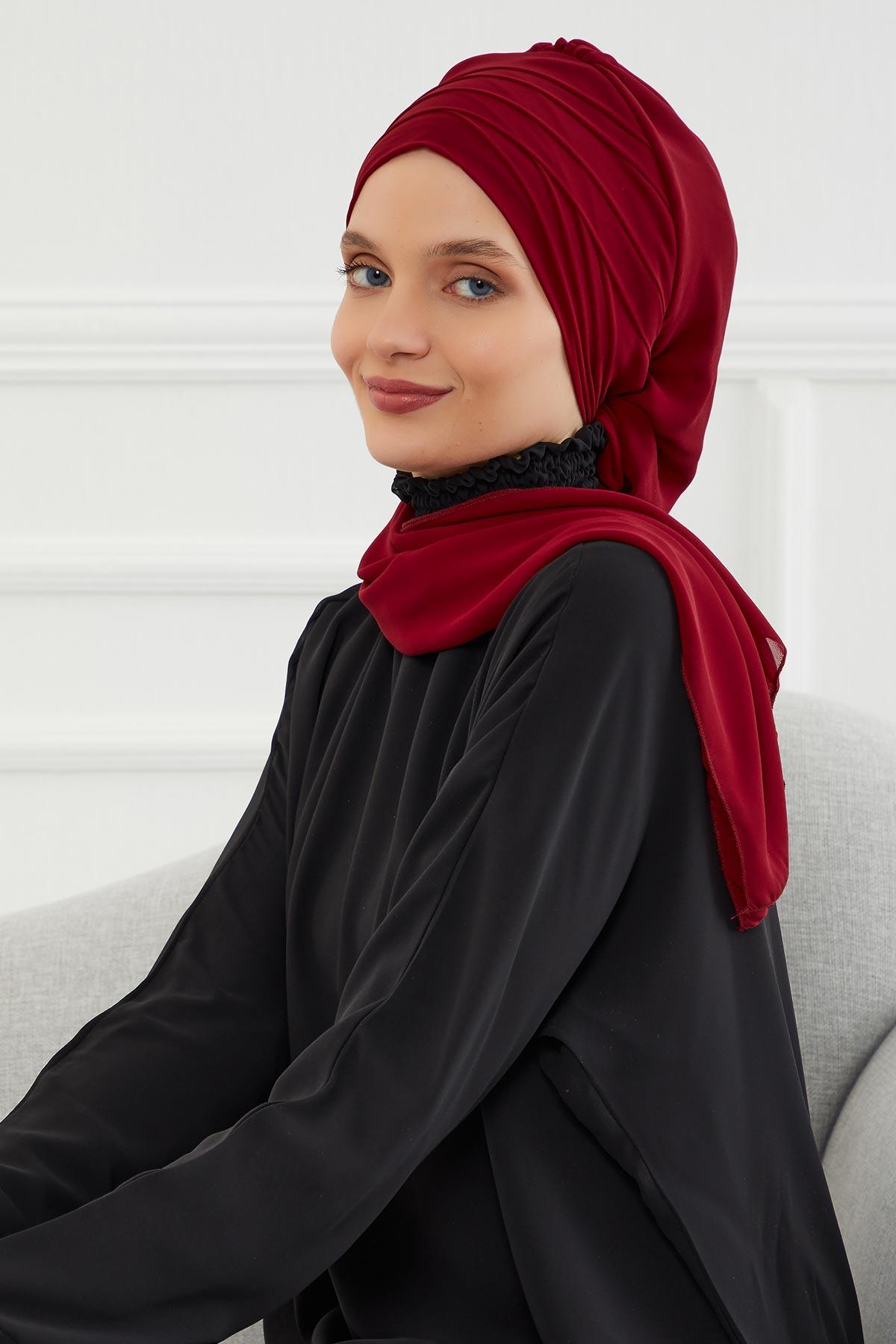 Çapraz Dikim Fularlı Tasarım Şifon Hazır Türban,HT-48 Bordo