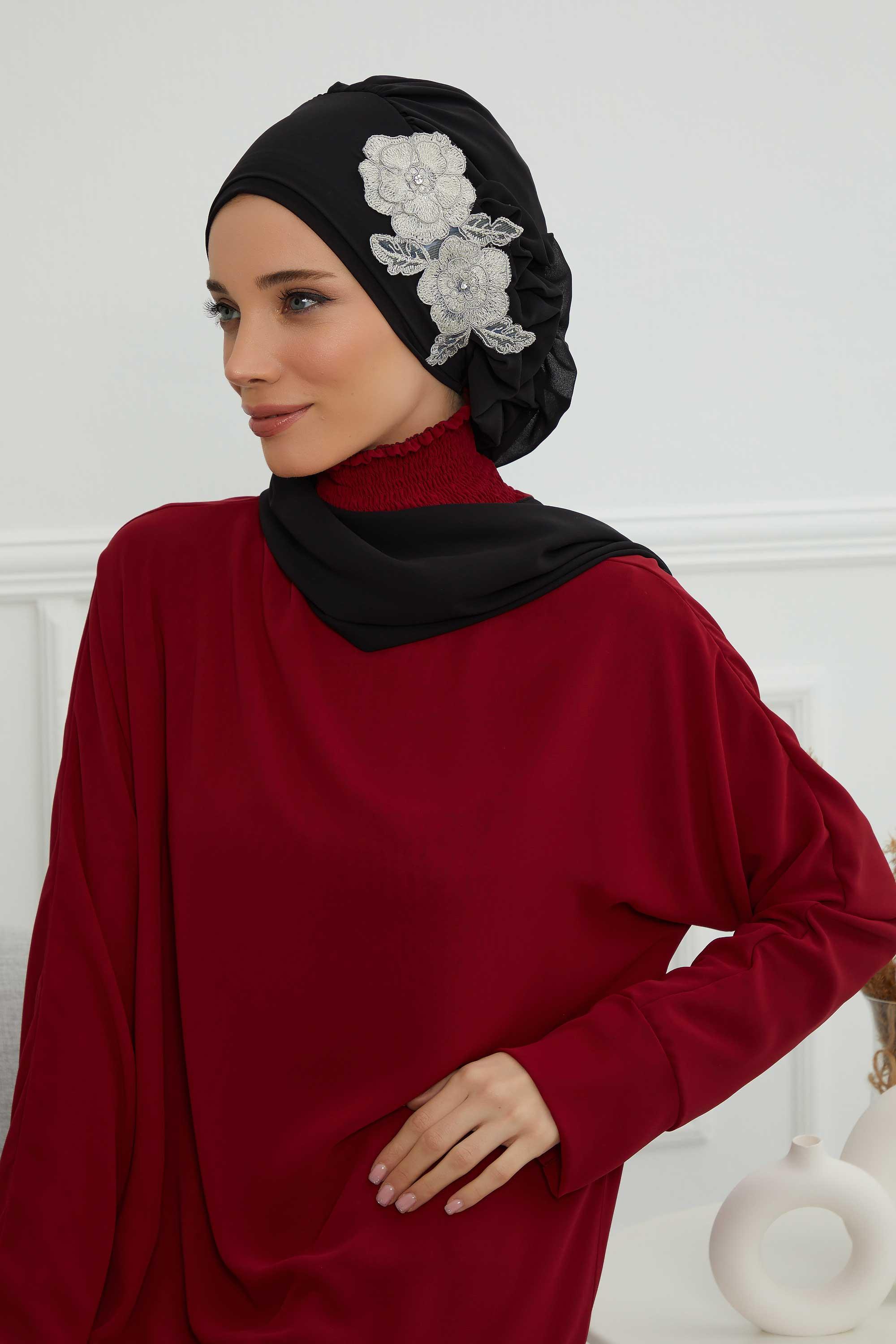 Yandan Fırfırlı Çiçek Aksesuarlı Şifon Hazır Türban,HT-102,HT-102 Siyah-Gümüş