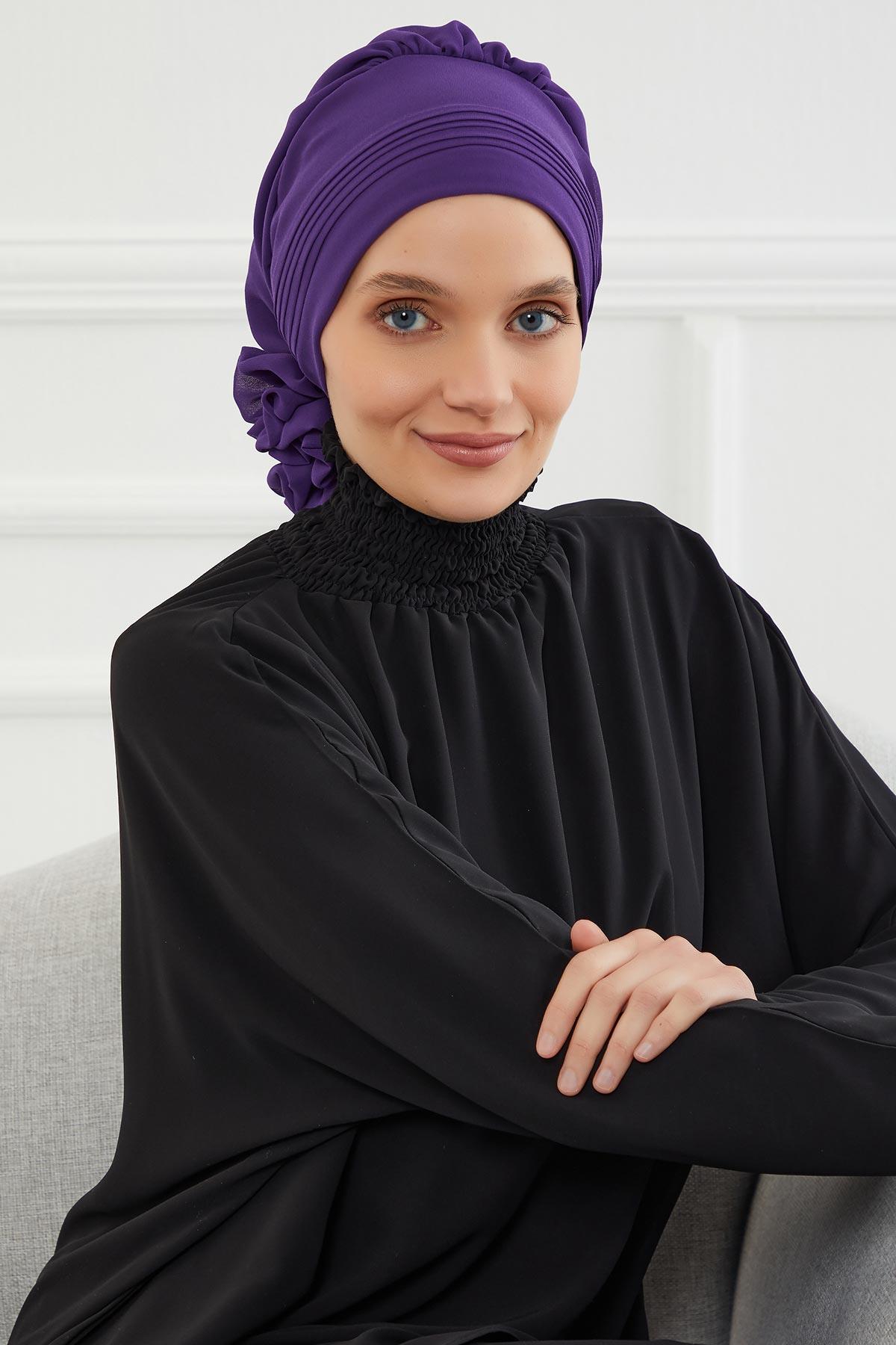 Pileli Tasarım Şifon Hazır Türban,HT-31,HT-31 Mor