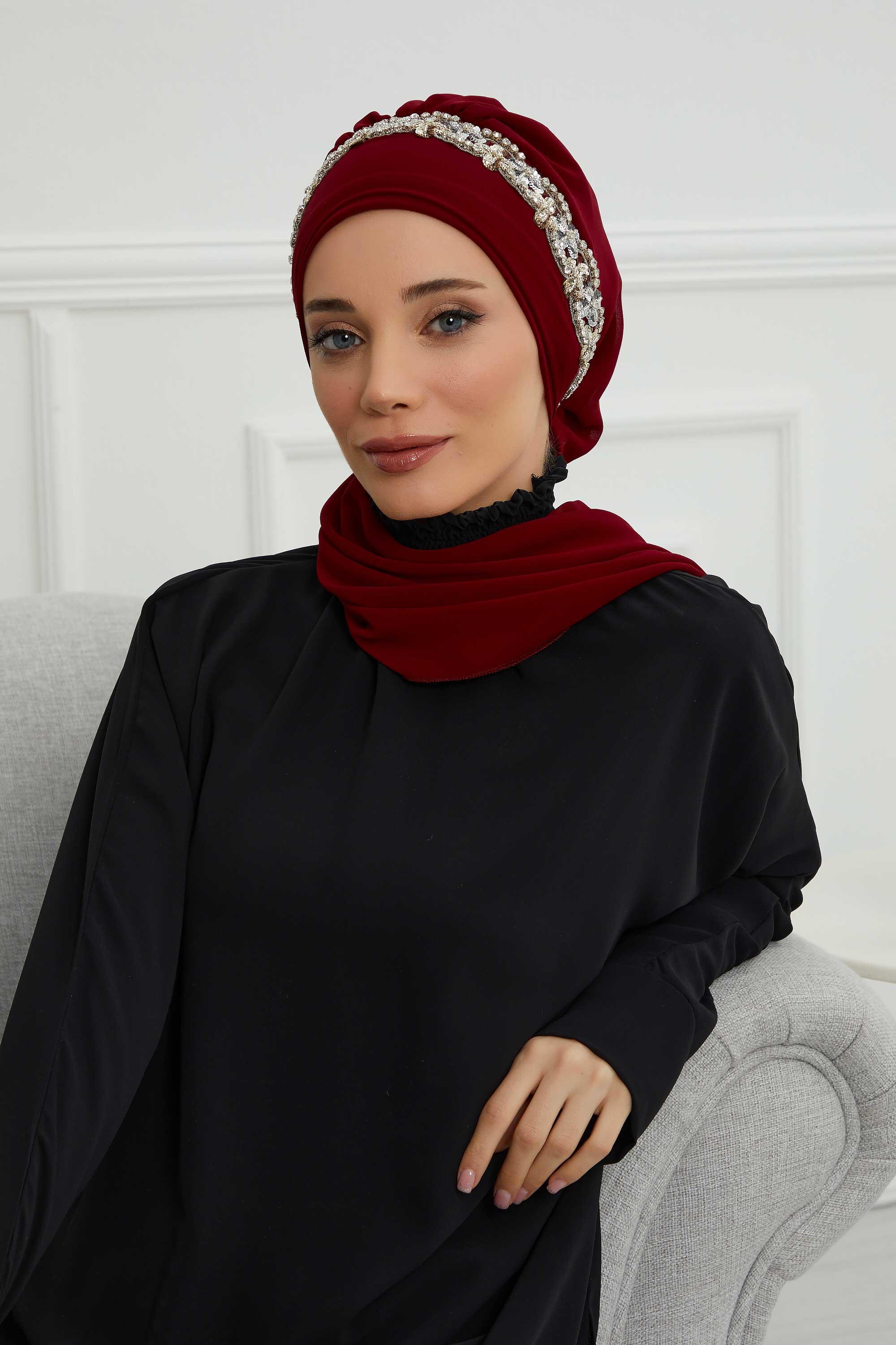 Taş Aksesuarlı Tasarım Şifon Hazır Türban,HT-101,HT-101 Bordo-Gümüş