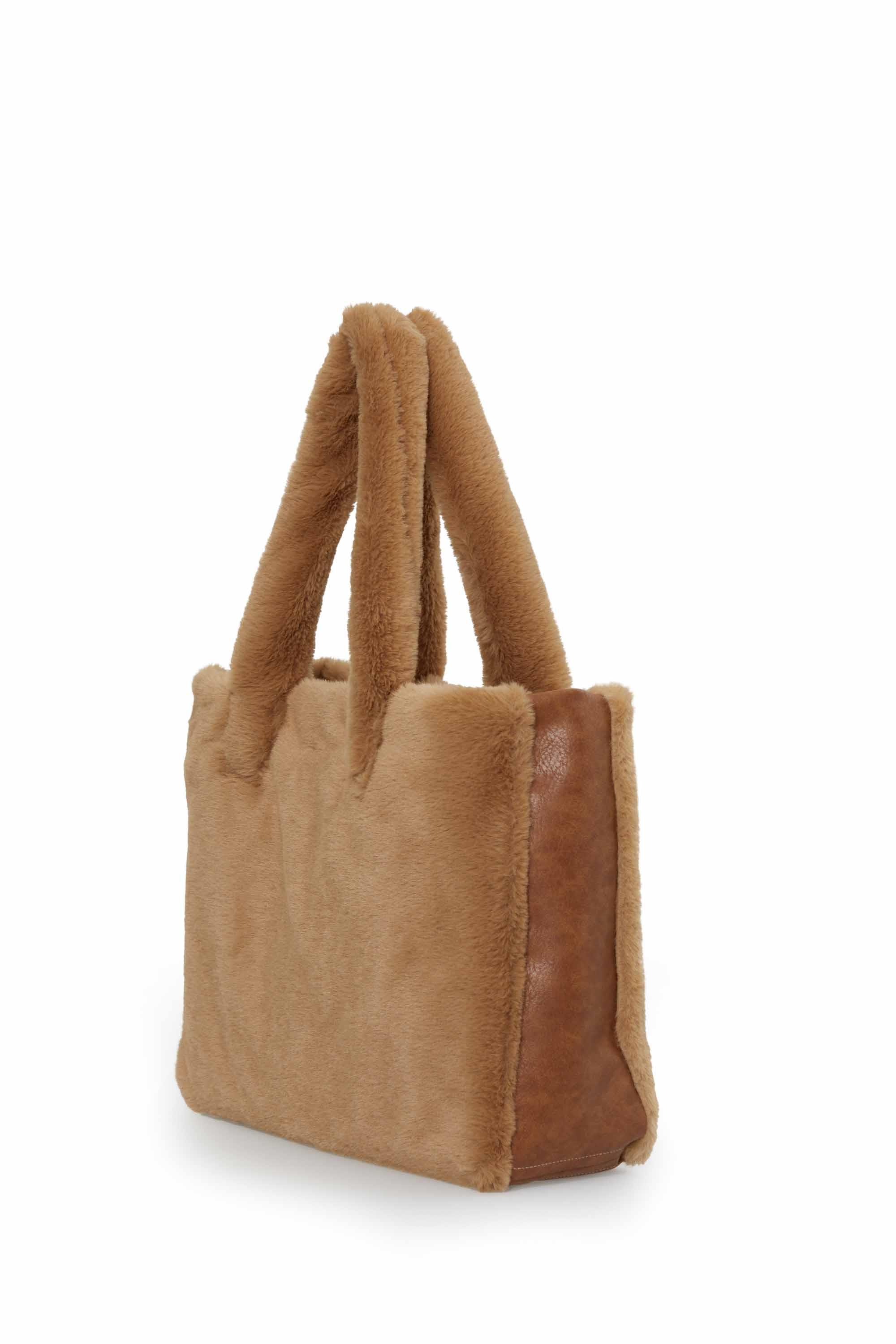 Deri Detaylı Mıknatıslı Peluş Çanta,CK-44 Açık Kahve - Kahverengi
