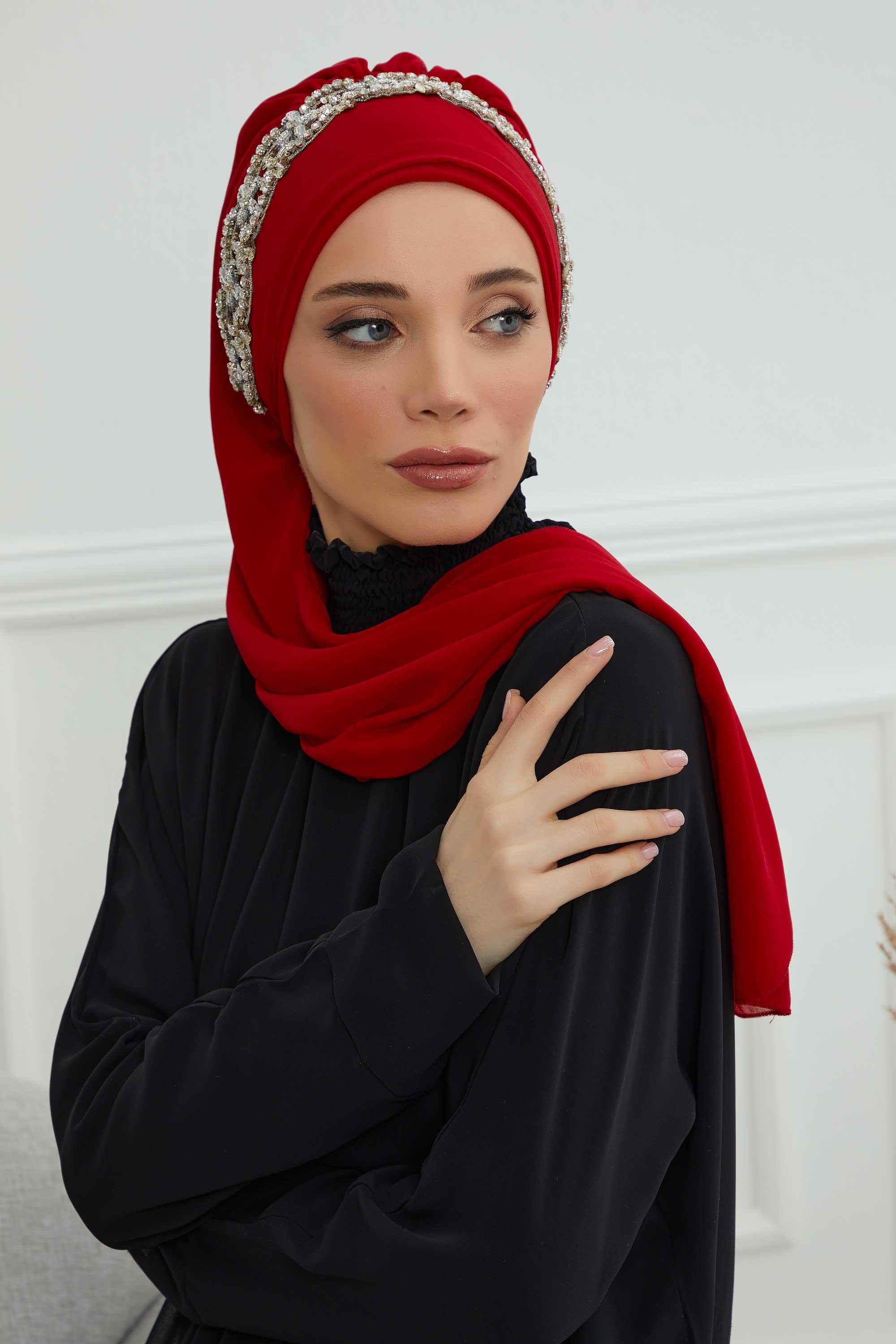 Taş Aksesuarlı Tasarım Şifon Hazır Türban,HT-101,HT-101 Kırmızı-Gümüş