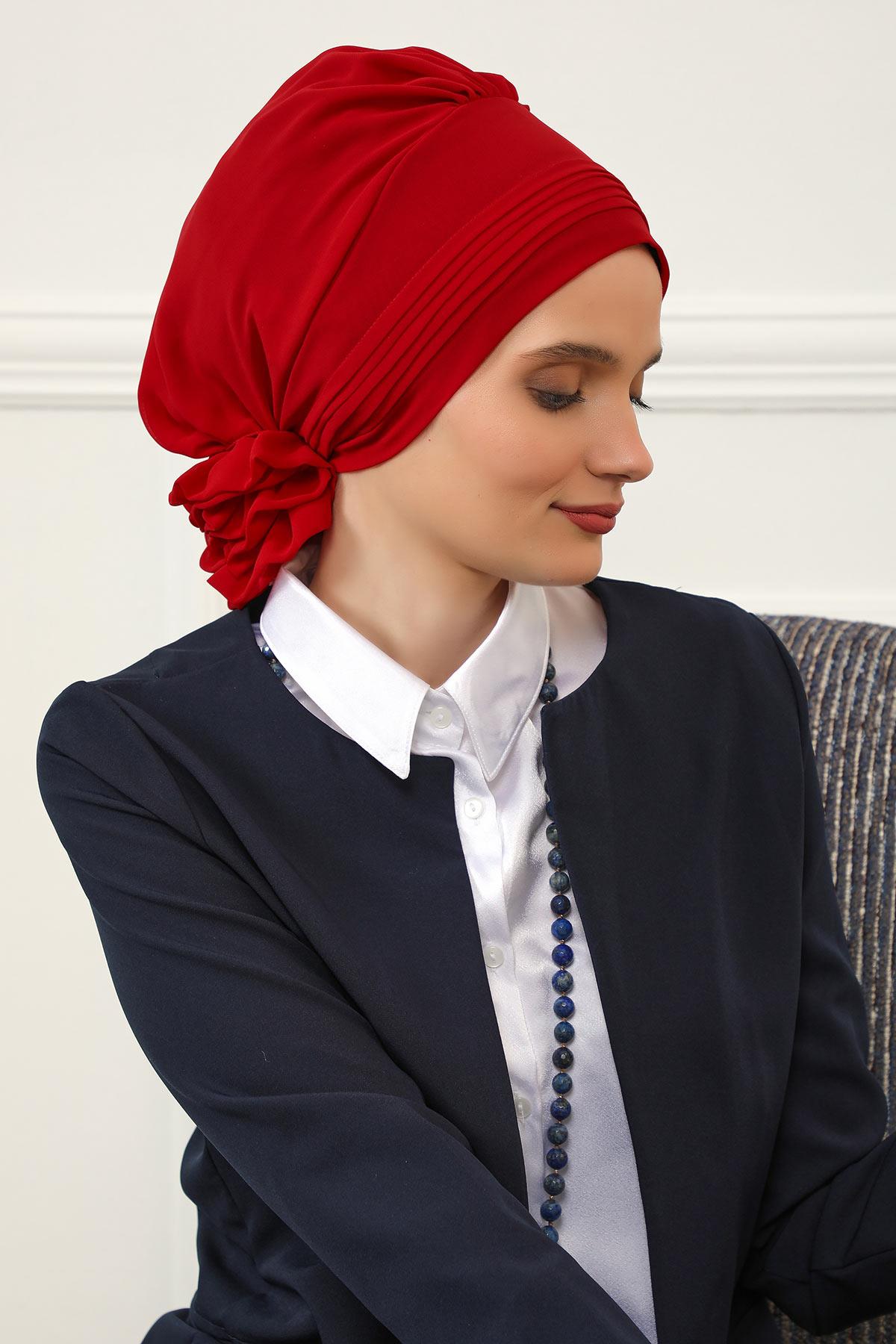 Pileli Tasarım Şifon Hazır Türban,HT-31,HT-31 Kırmızı
