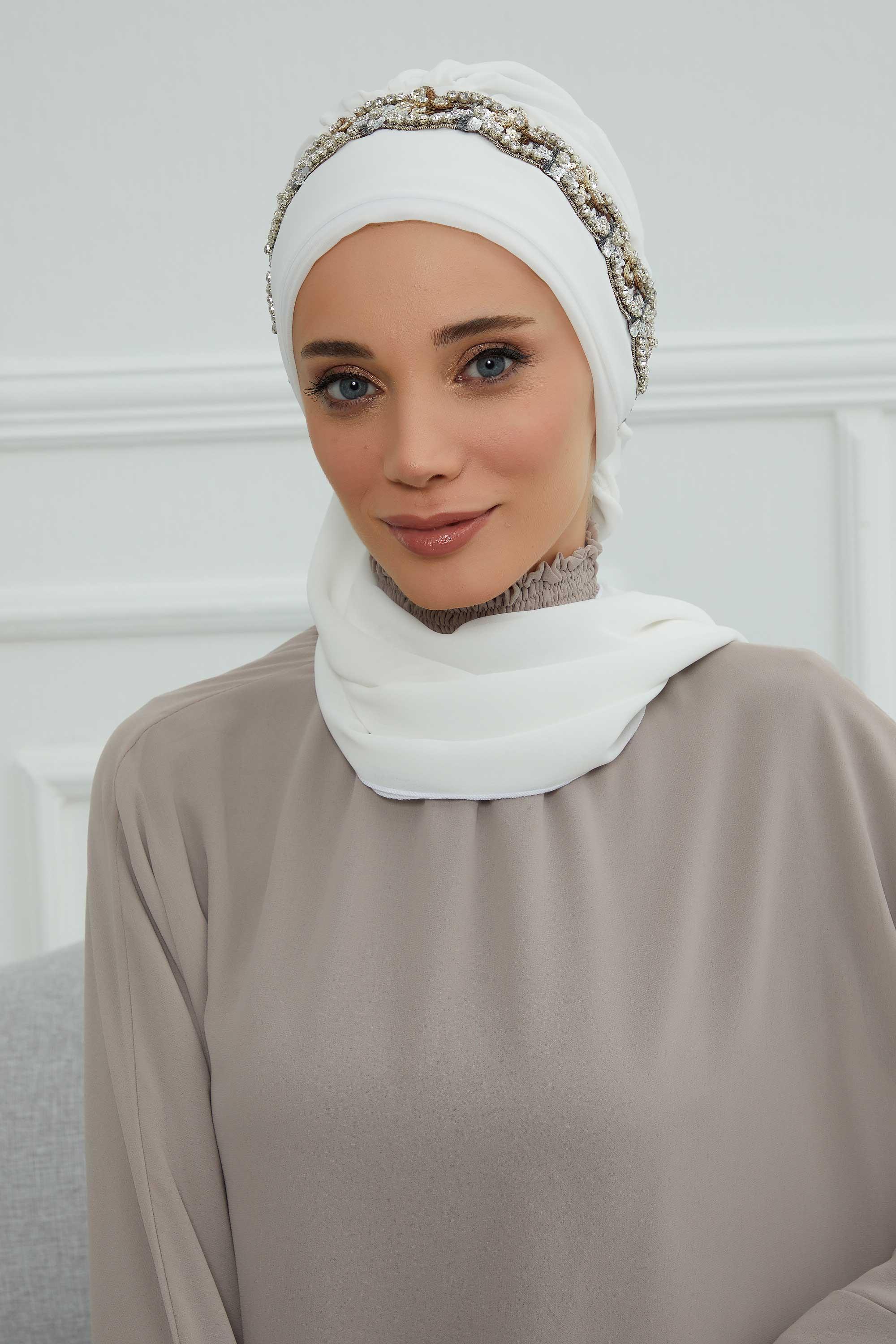 Taş Aksesuarlı Tasarım Şifon Hazır Türban,HT-101,HT-101 Kırık Beyaz-Gümüş