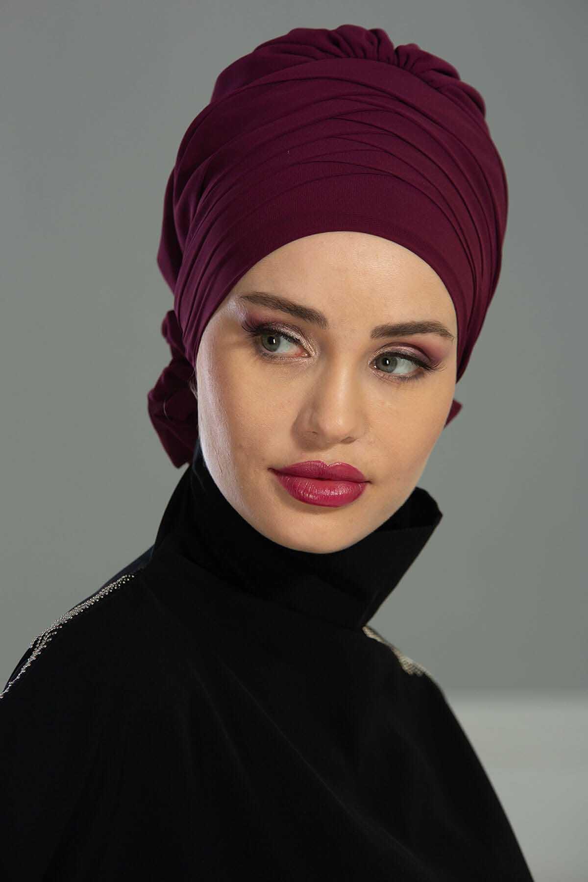 Çapraz Dikim Tasarım Şifon Hazır Türban,HT-30 Mürdüm