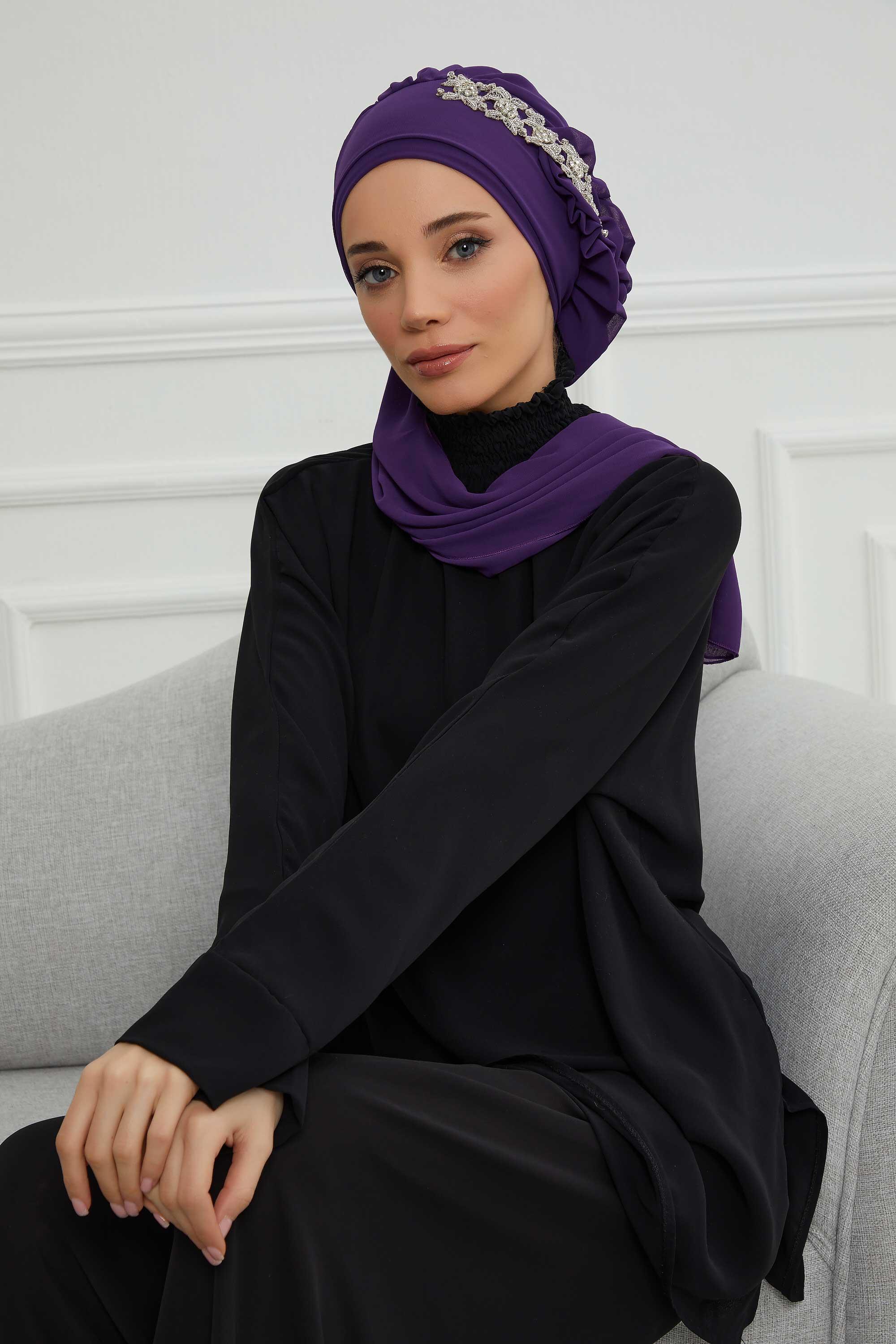 Yandan Fırfırlı Taş Aksesuarlı Şifon Hazır Türban,HT-100,HT-100 Mor