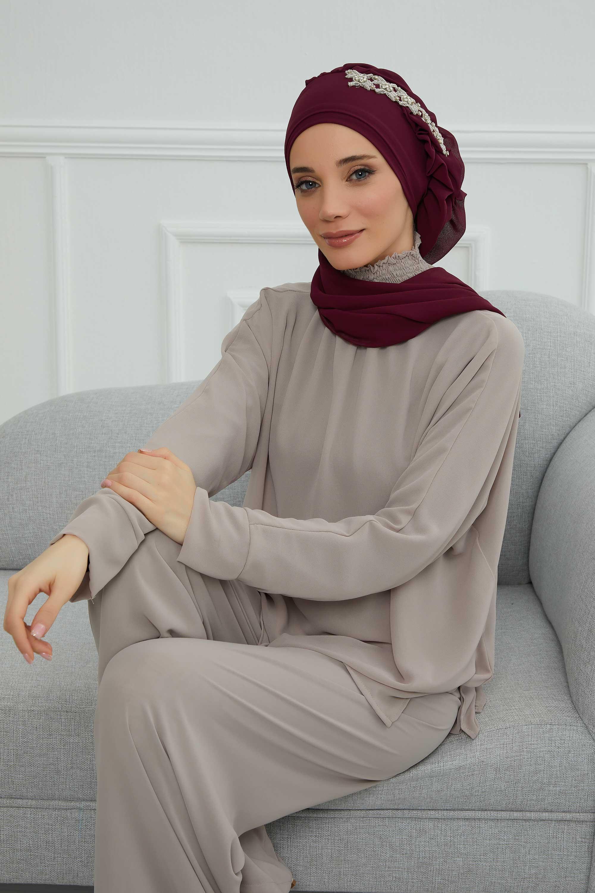 Yandan Fırfırlı Taş Aksesuarlı Şifon Hazır Türban,HT-100,HT-100 Mürdüm