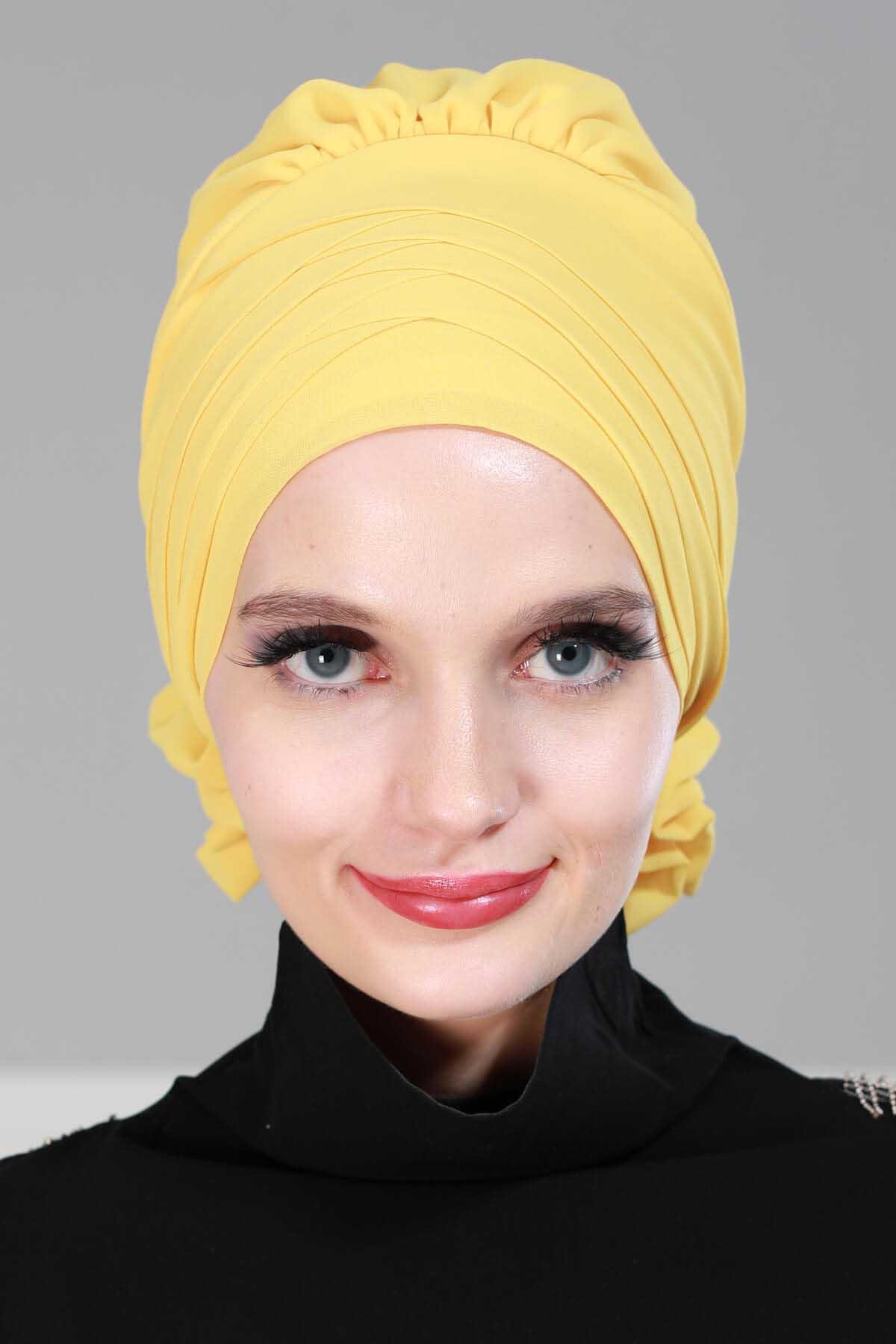 Çapraz Dikim Tasarım Şifon Hazır Türban,HT-30 Sarı