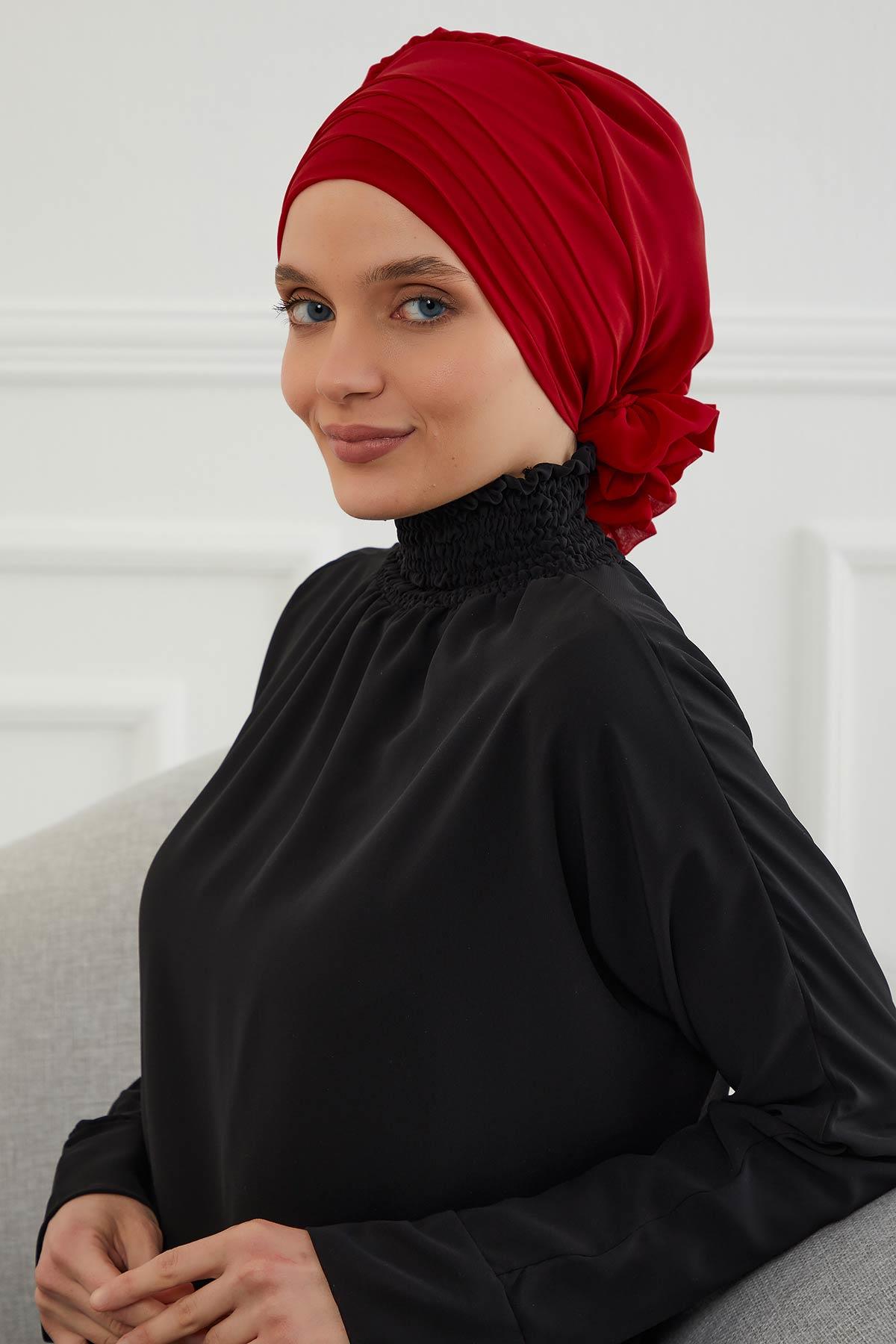 Çapraz Dikim Tasarım Şifon Hazır Türban,HT-30 Kırmızı