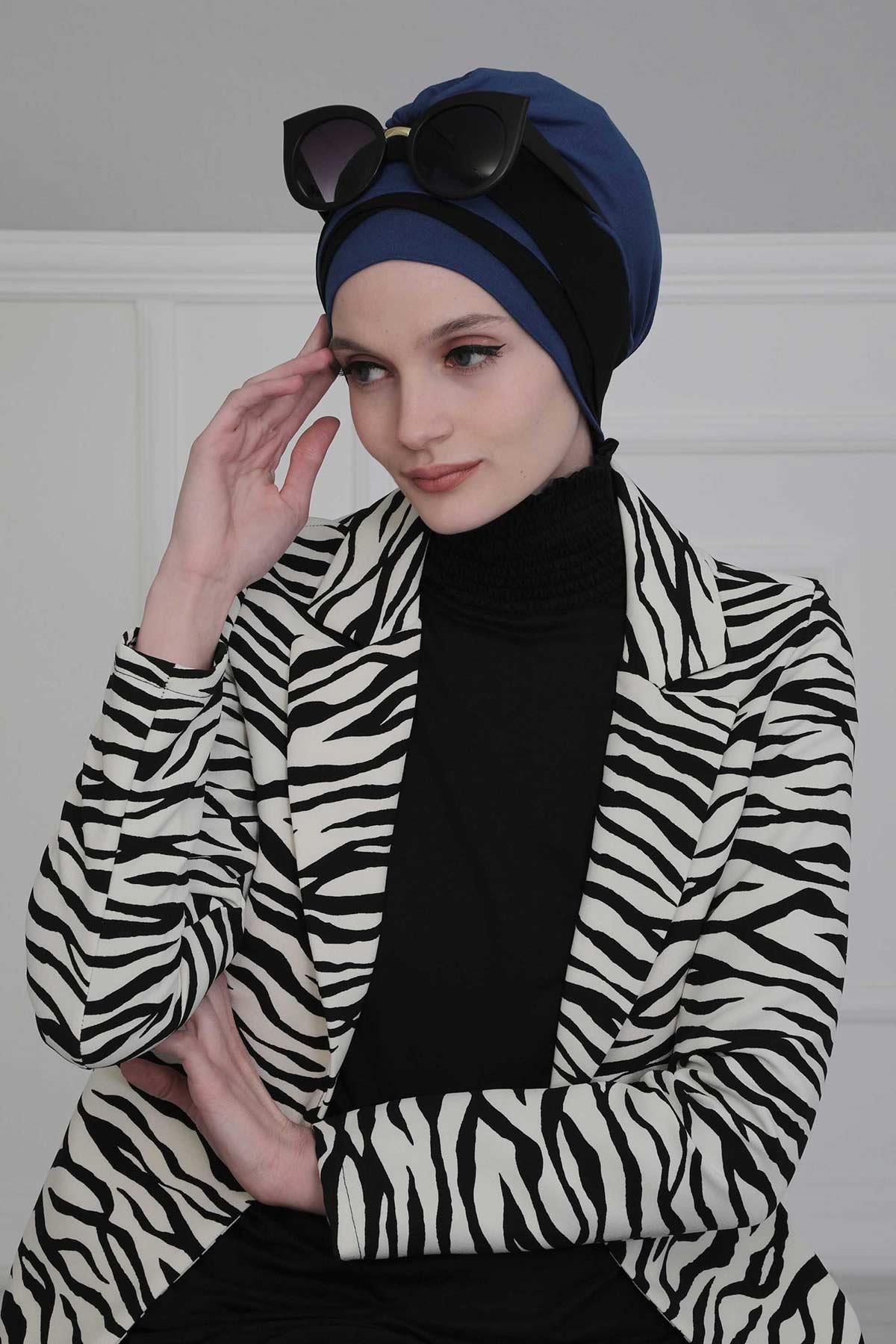 Çift Renkli Penye Bone,B-65 Saks - Siyah