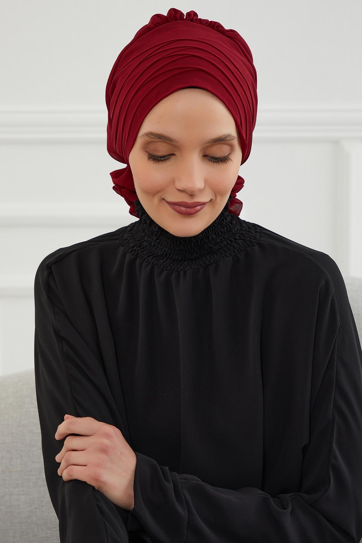 Çapraz Dikim Tasarım Şifon Hazır Türban,HT-30 Bordo