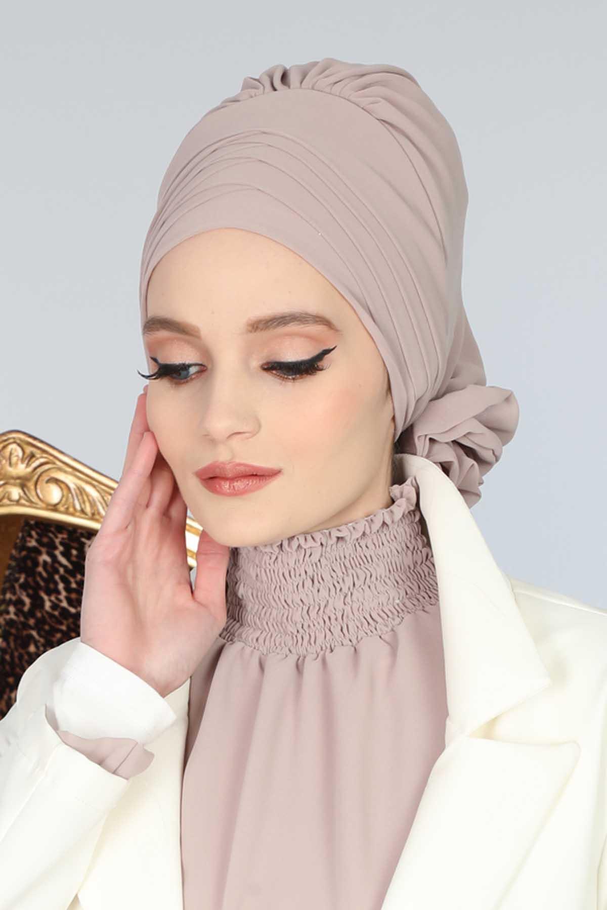 Çapraz Dikim Tasarım Şifon Hazır Türban,HT-30 Vizon