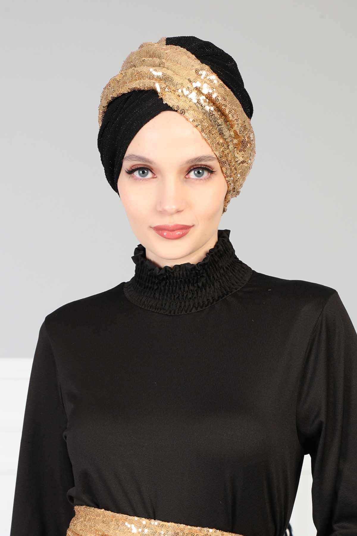 Tesettür Bone Payetli,B-9PB2 Gold - Siyah