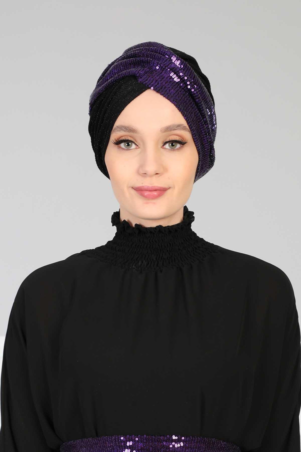 Tesettür Bone Payetli,B-9PB2 Mor  - Siyah