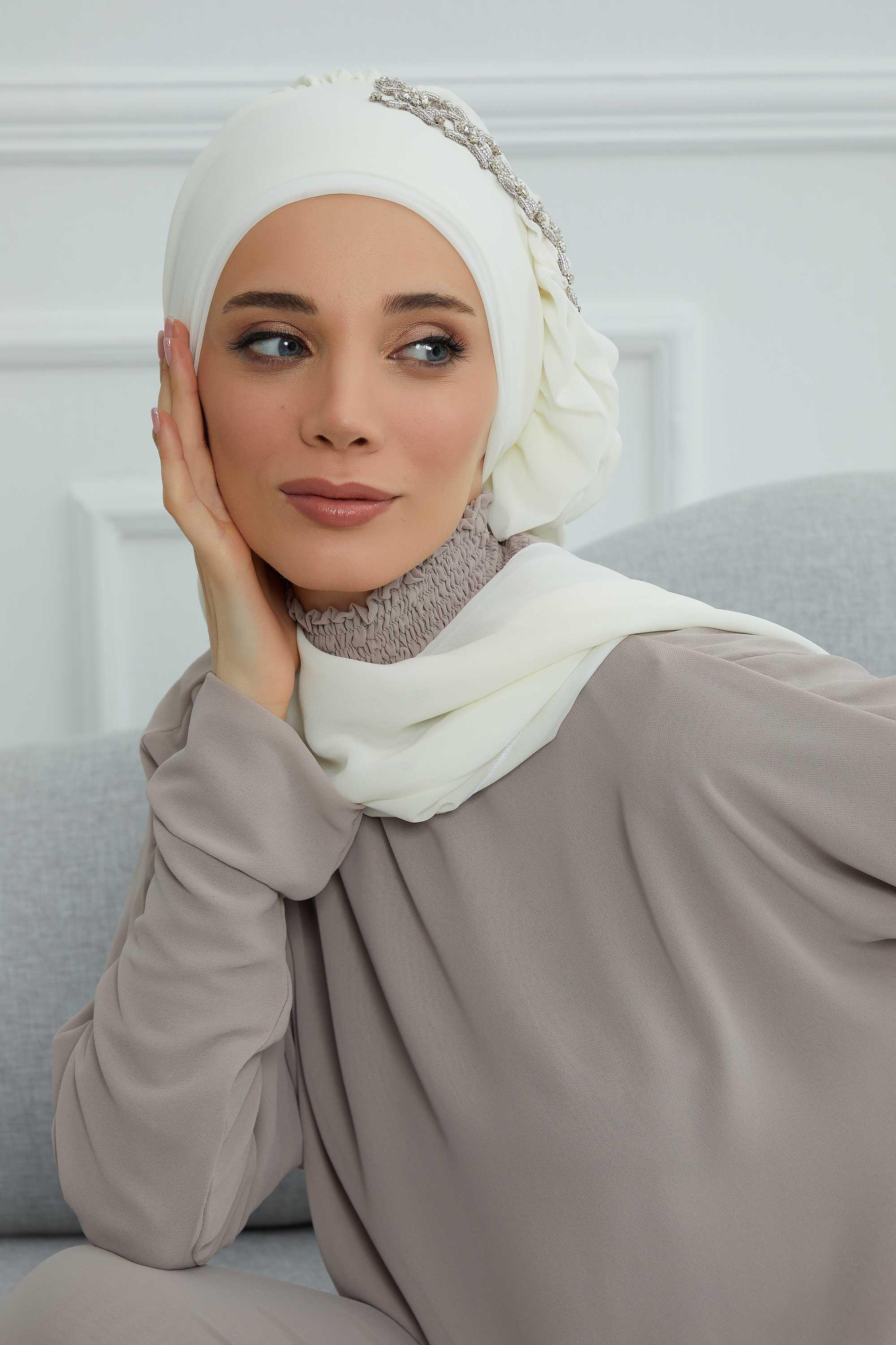 Yandan Fırfırlı Taş Aksesuarlı Şifon Hazır Türban,HT-100,HT-100 Krem