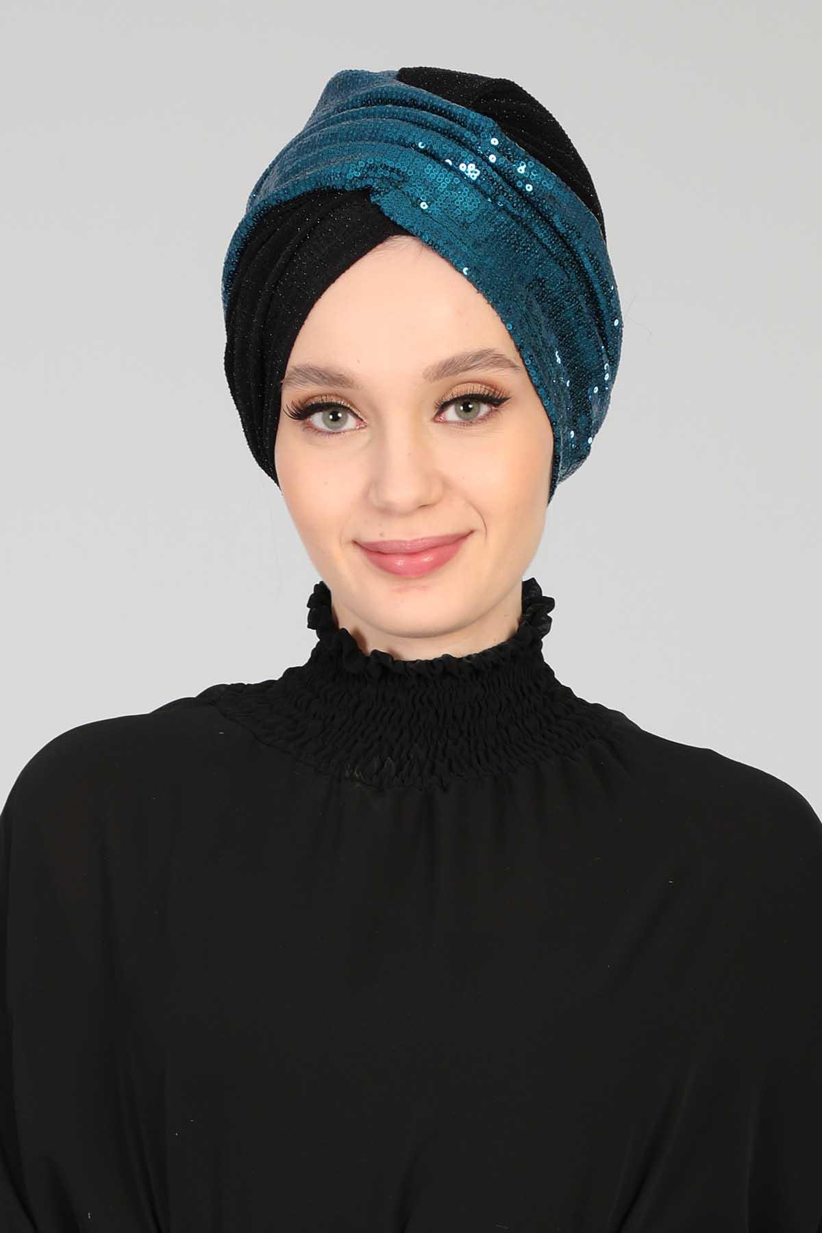 Tesettür Bone Payetli,B-9PB2 Petrol - Siyah