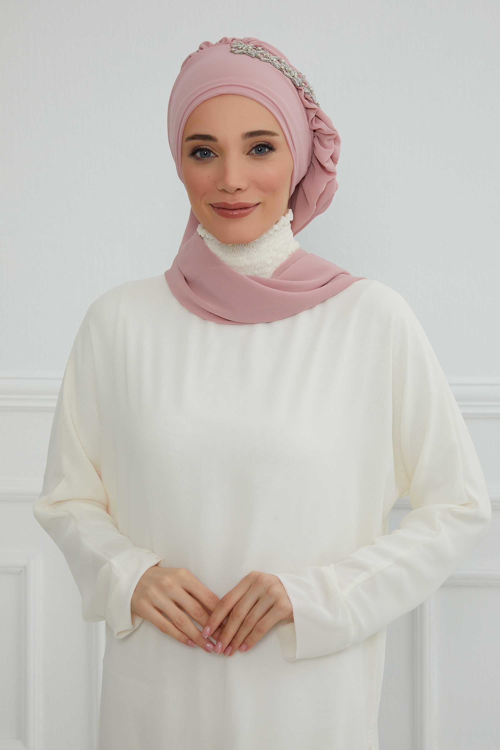 Yandan Fırfırlı Taş Aksesuarlı Şifon Hazır Türban,HT-100,HT-100 Pudra