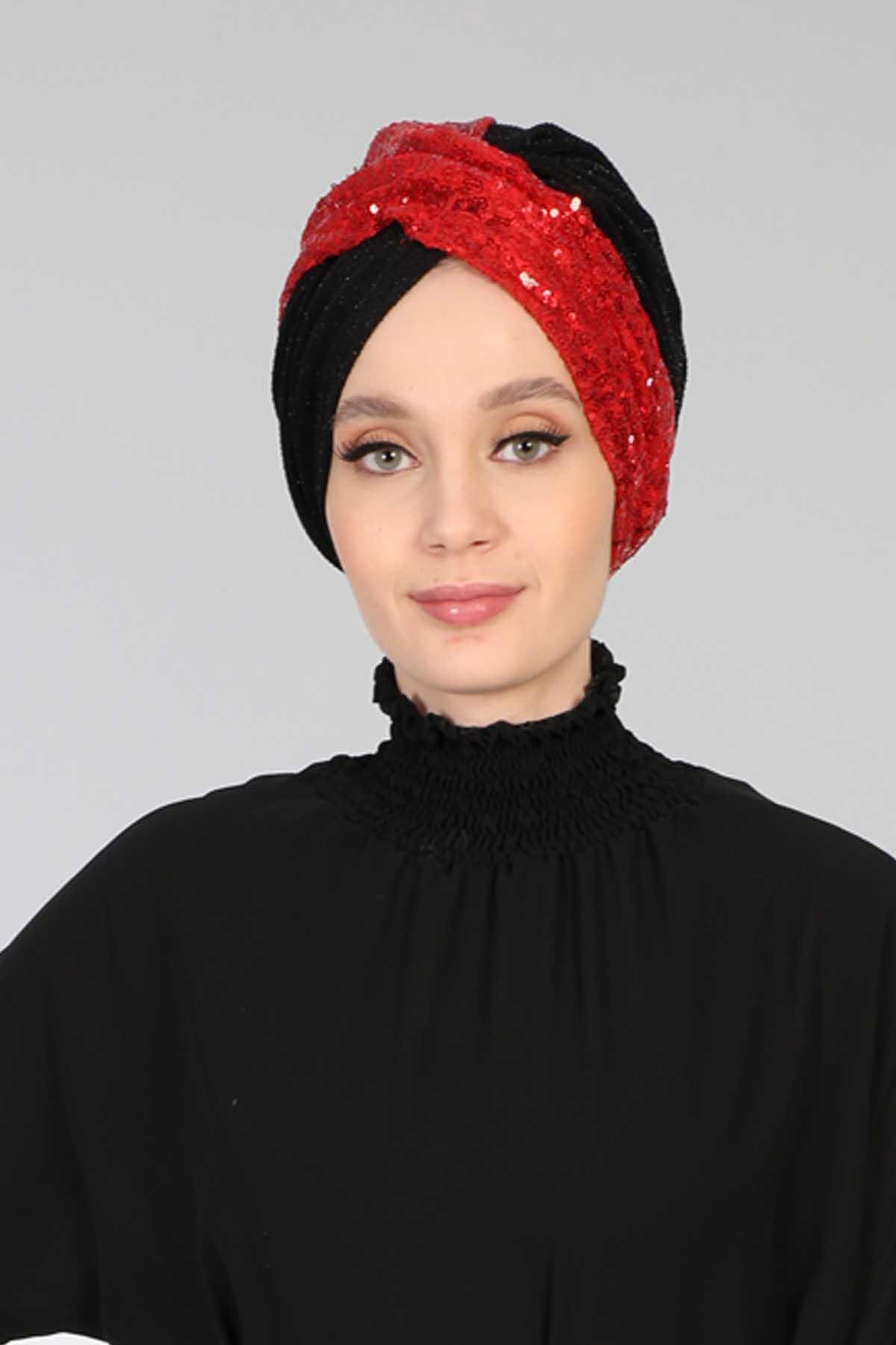 Tesettür Bone Payetli,B-9PB2 Kırmızı - Siyah