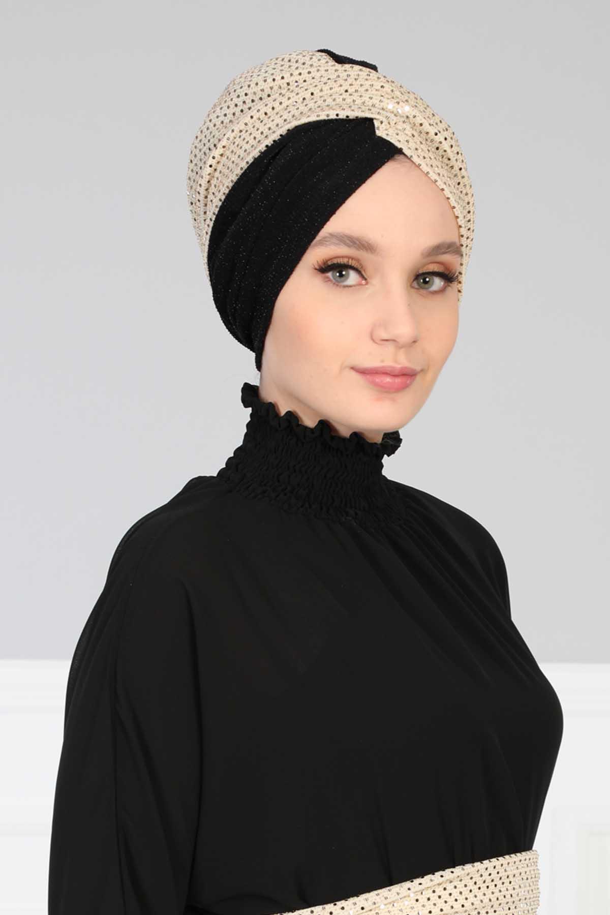Tesettür Bone Payetli Buzy,B-9PB1 Gold Pullu - Siyah
