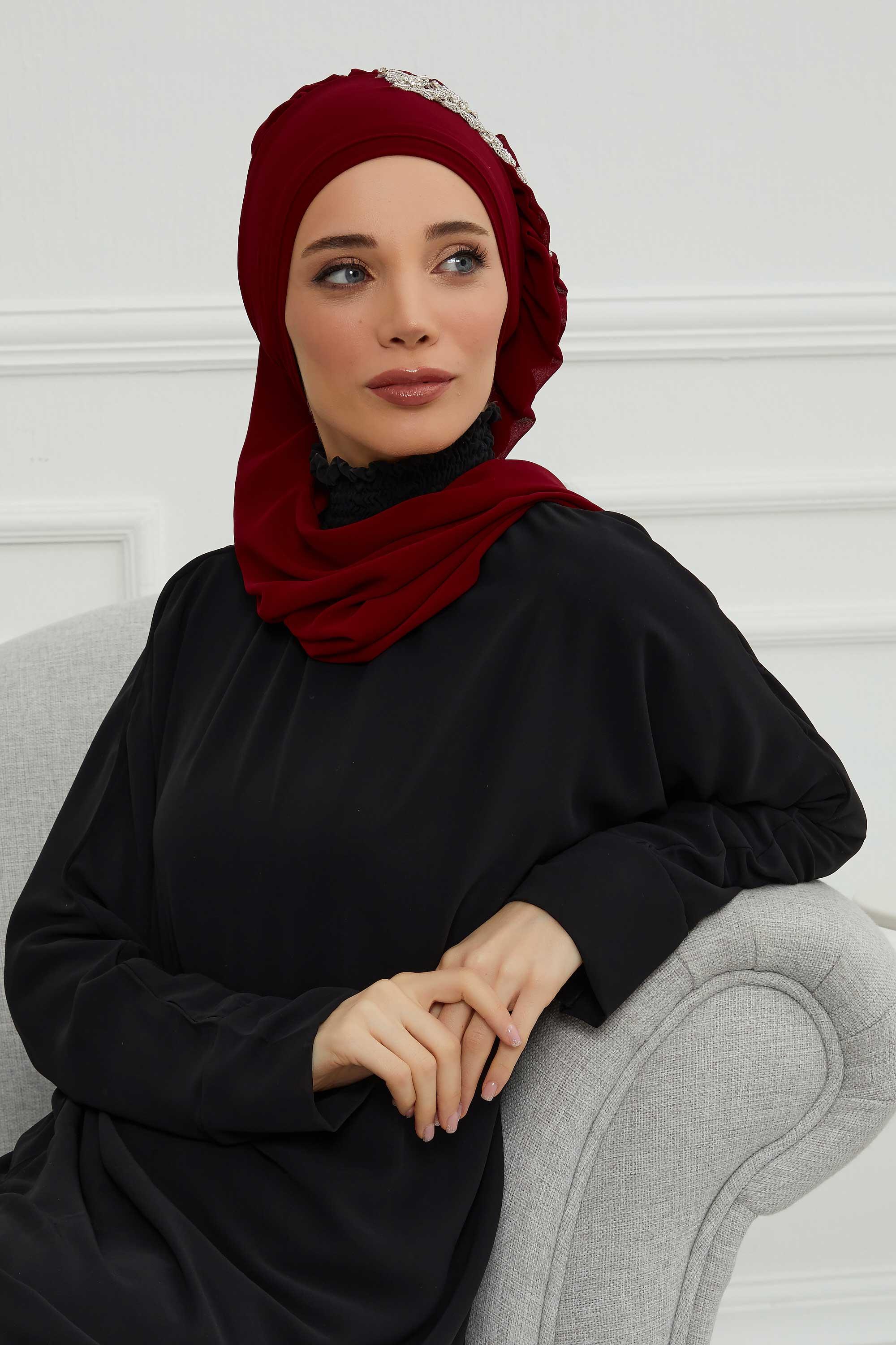 Yandan Fırfırlı Taş Aksesuarlı Şifon Hazır Türban,HT-100,HT-100 Bordo