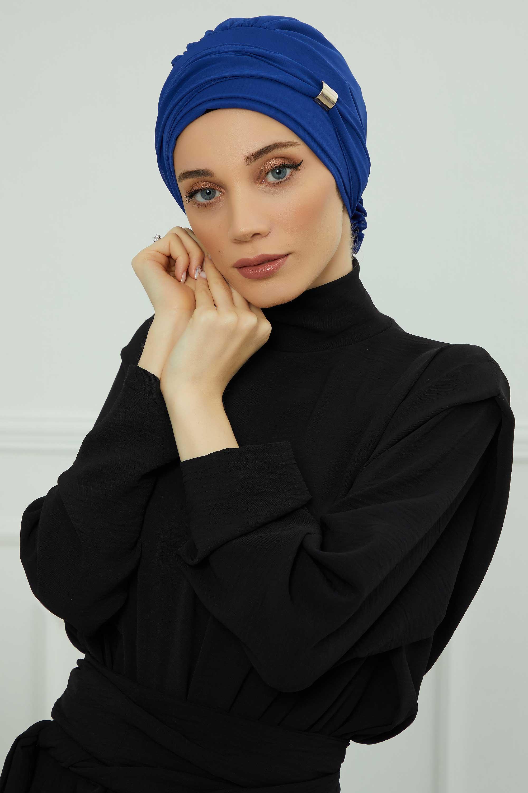 Aksesuarlı Şifon Hazır Türban,HT-95S,HT-95S Saks Mavisi