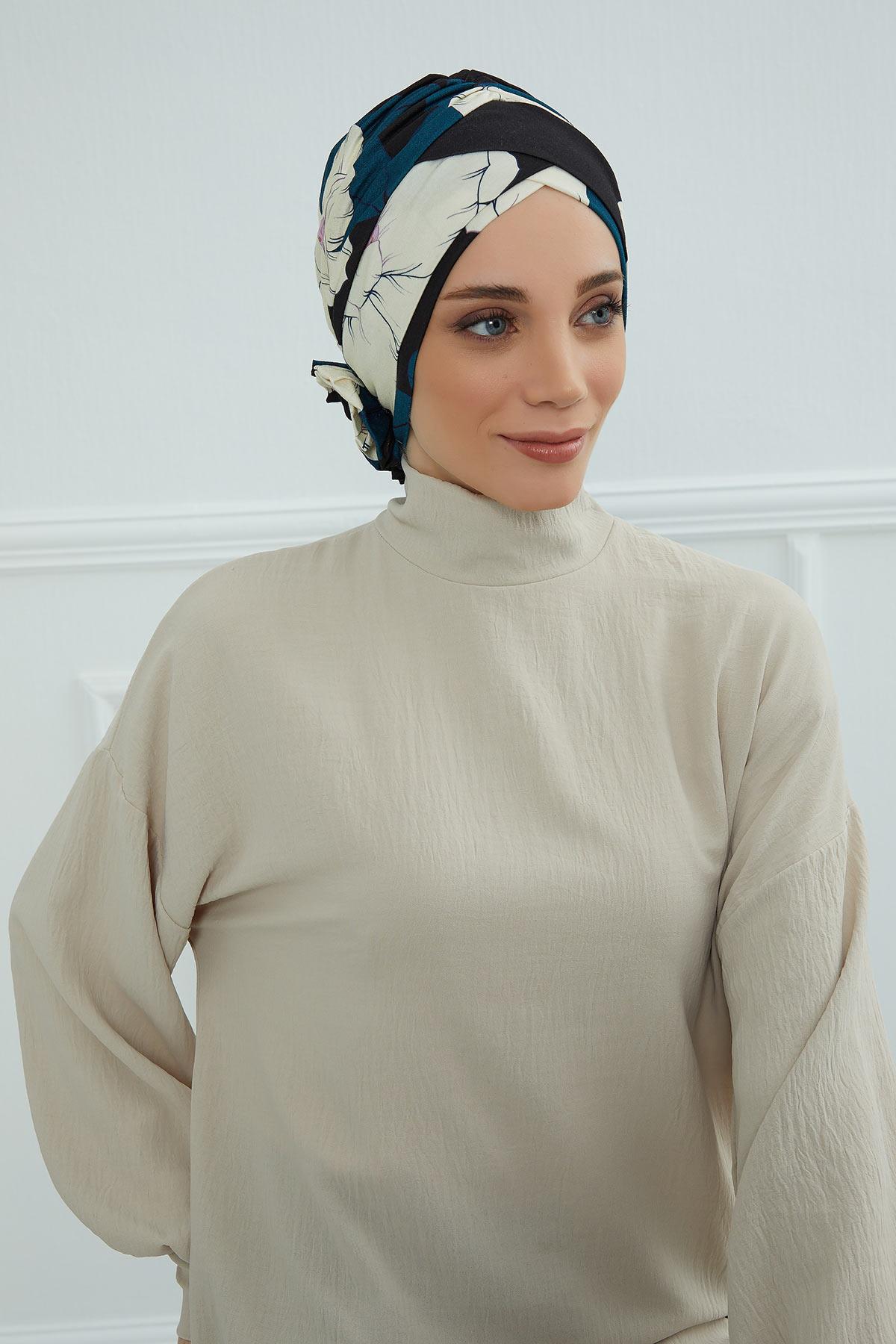 Desenli Çapraz Güllü Bone,B-26YD Desen 32