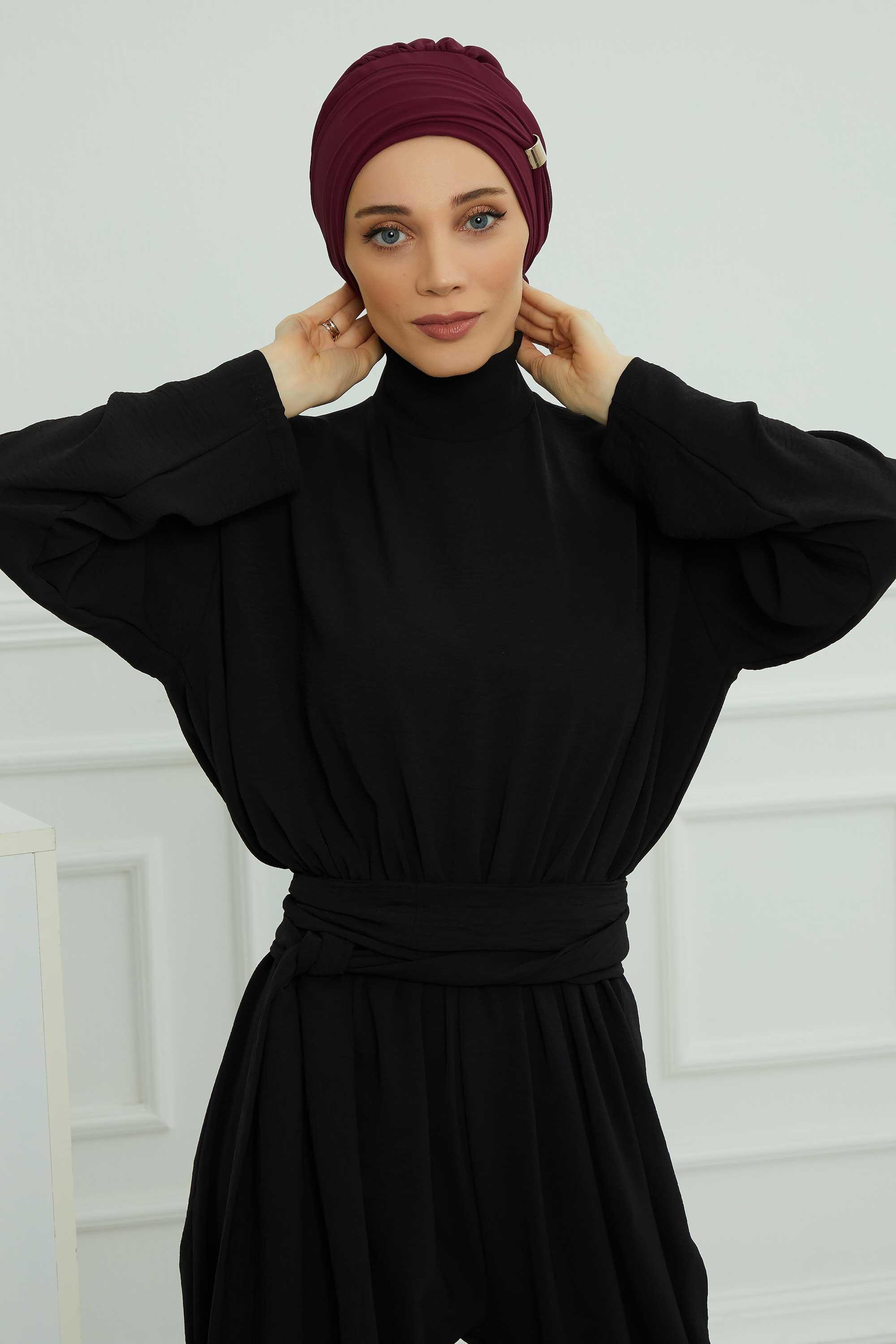 Aksesuarlı Şifon Hazır Türban,HT-95S,HT-95S Mürdüm