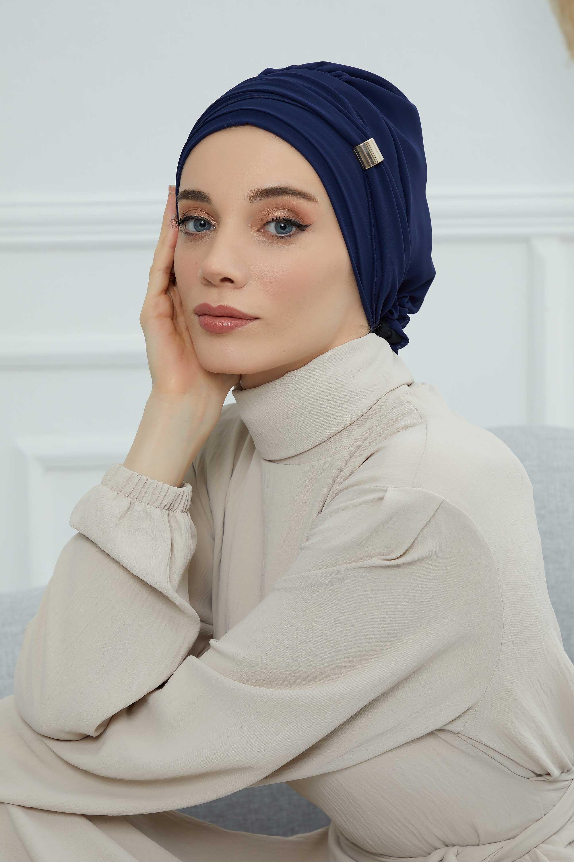 Aksesuarlı Şifon Hazır Türban,HT-95S,HT-95S Lacivert