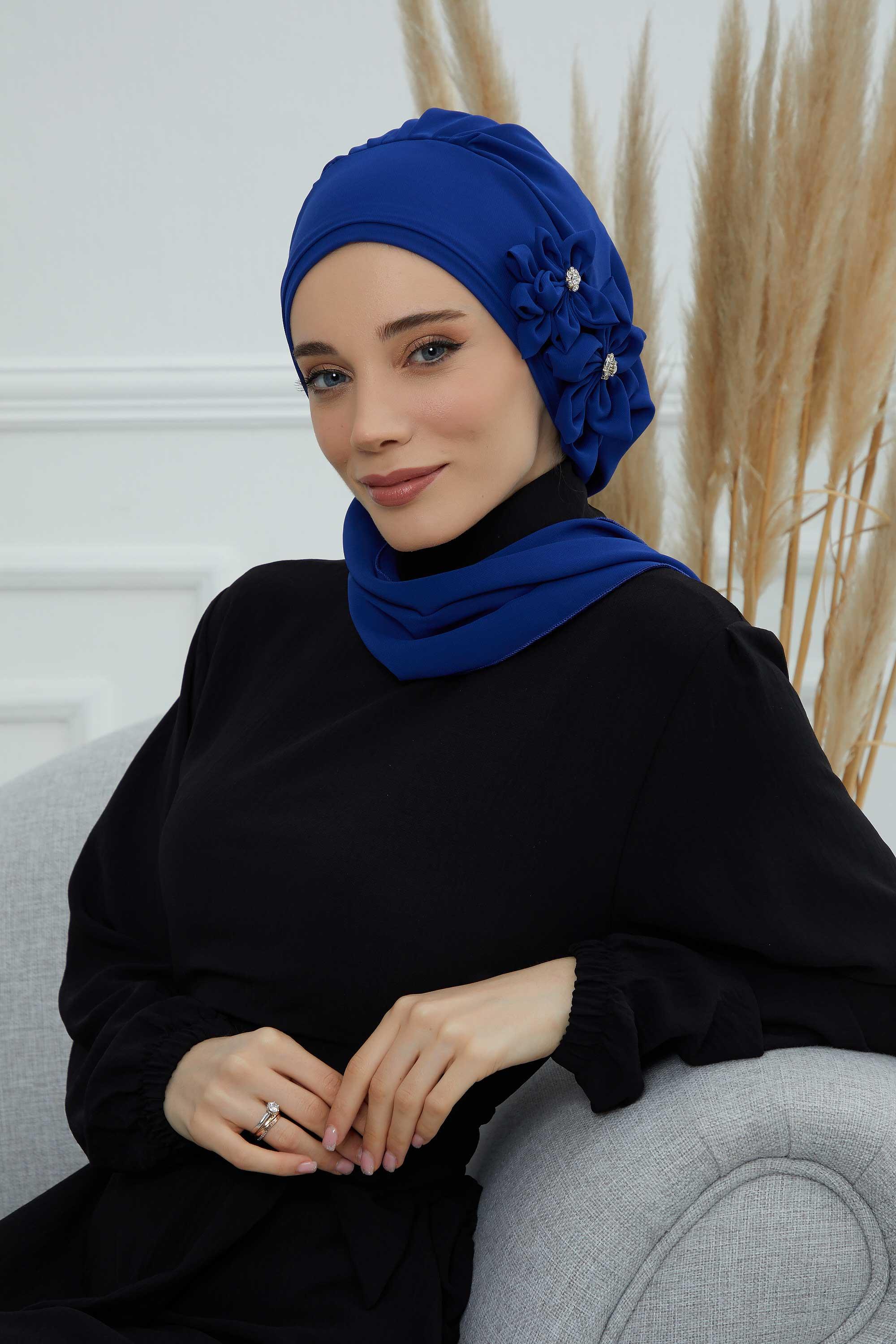 Taş Aksesuarlı Özel Tasarım Şifon Hazır Türban,HT-8 Saks Mavisi