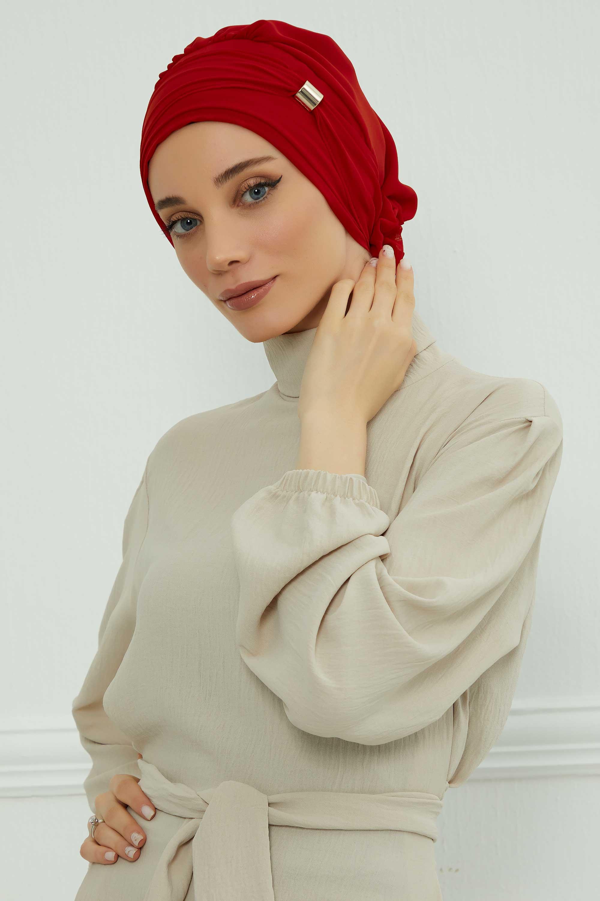 Aksesuarlı Şifon Hazır Türban,HT-95S,HT-95S Kırmızı