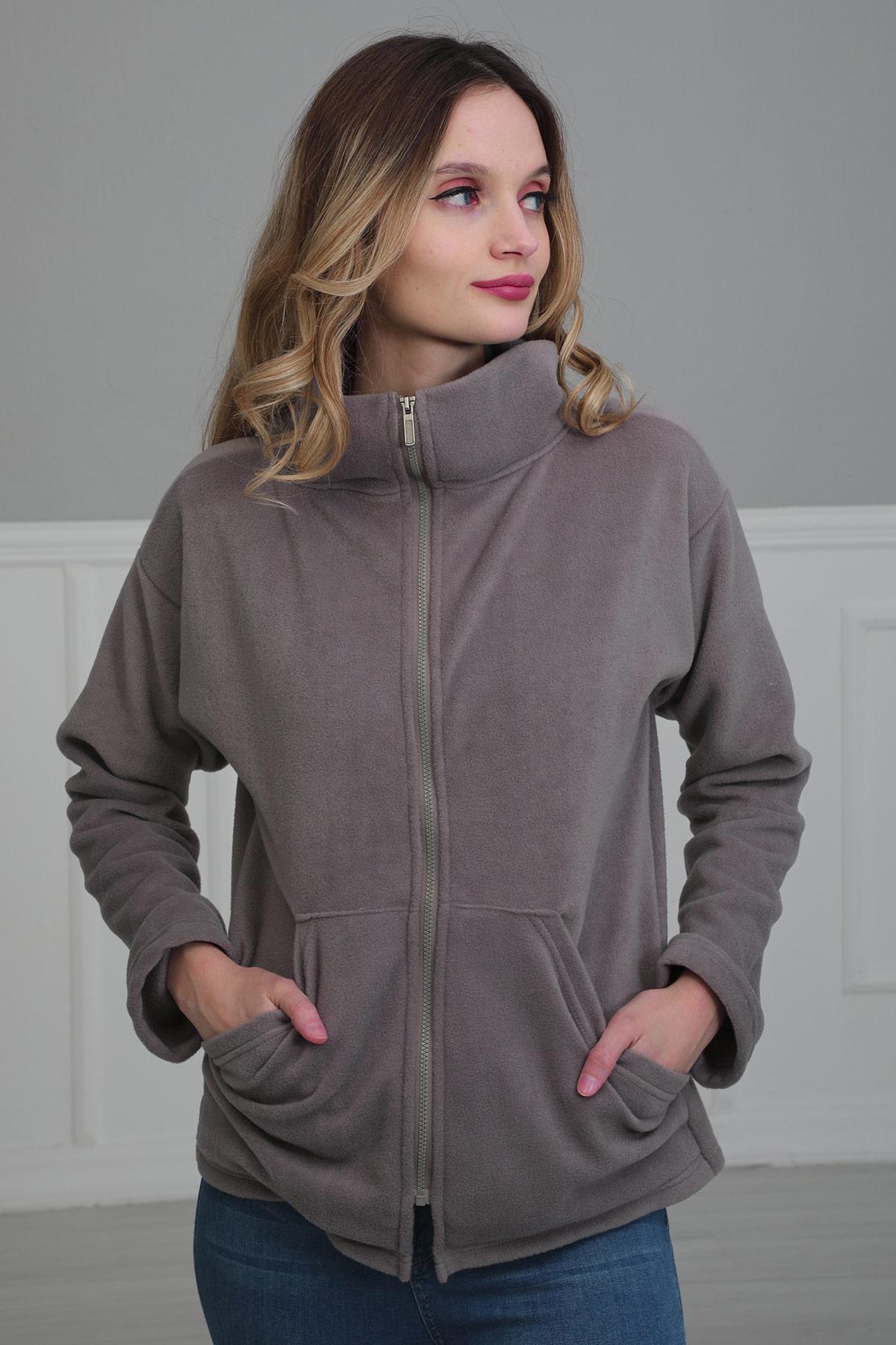 Fermuarlı Cepli Polar Sweatshirt,SW-4 Gri