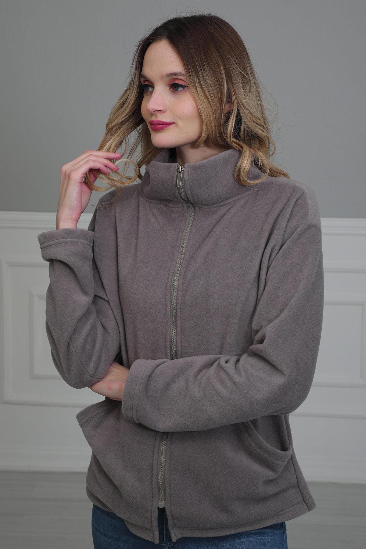 Fermuarlı Cepli Polar Sweatshirt,SW-4 Gri