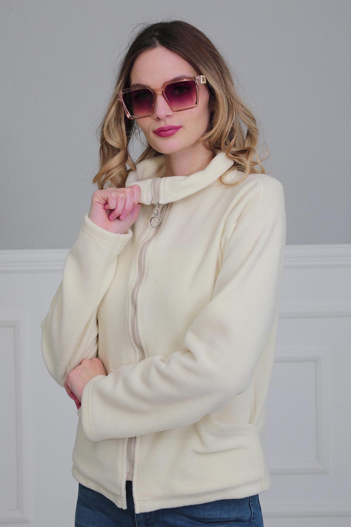 Fermuarlı Cepli Polar Sweatshirt,SW-4 Krem