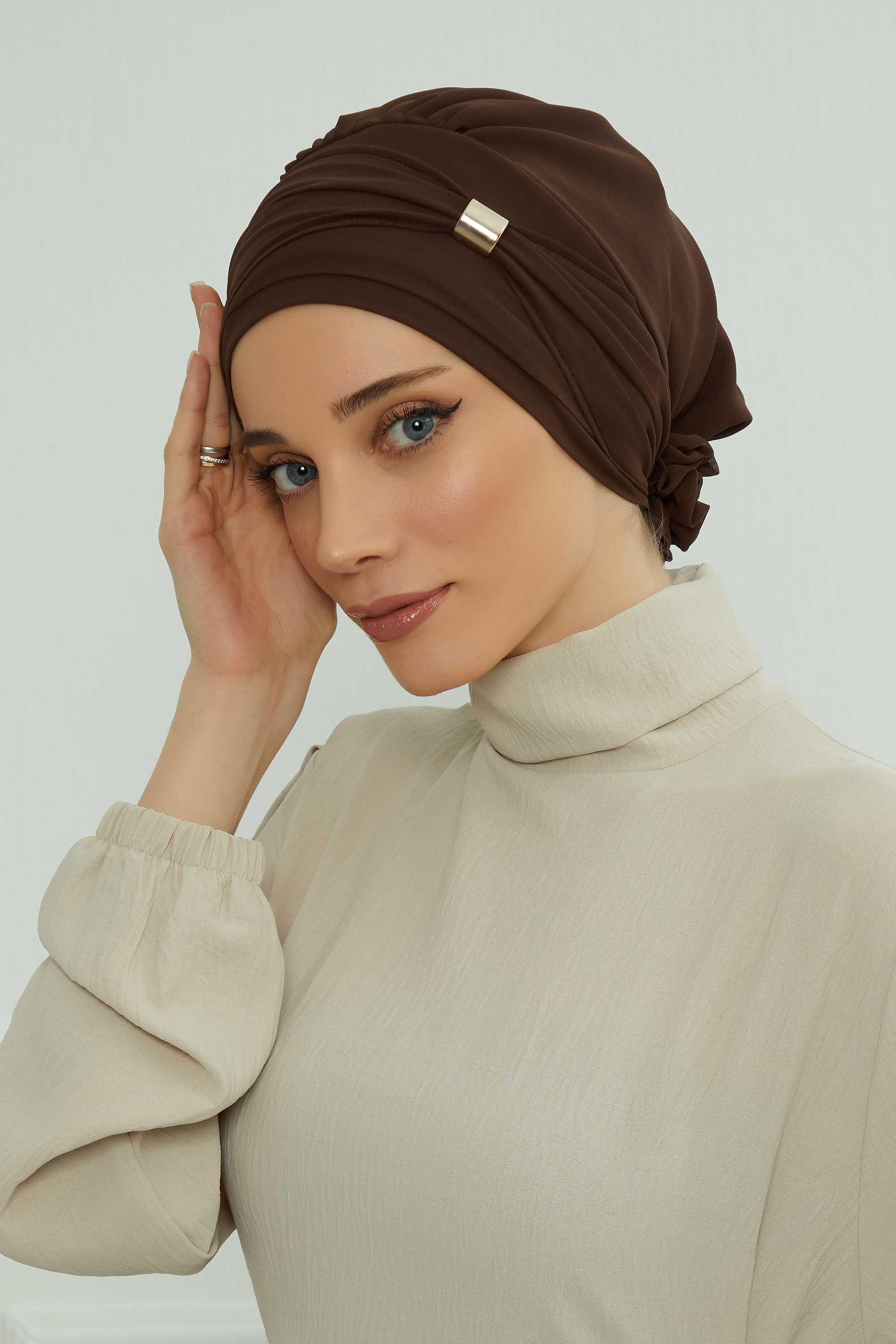 Aksesuarlı Şifon Hazır Türban,HT-95S,HT-95S Kahverengi