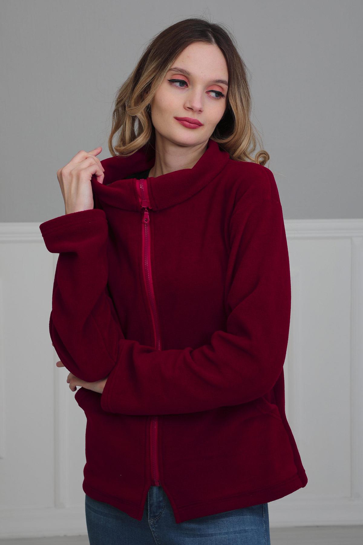 Fermuarlı Cepli Polar Sweatshirt,SW-4 Bordo