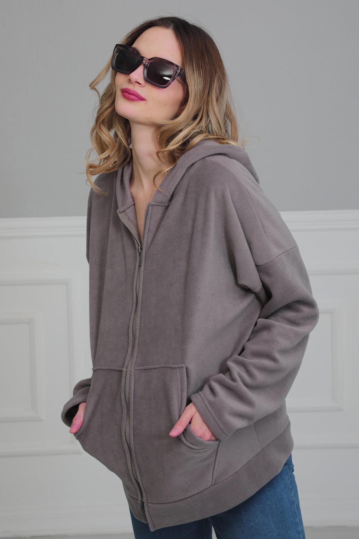 Kapüşonlu Fermuarlı Cepli Polar Sweatshirt,SW-3 Gri