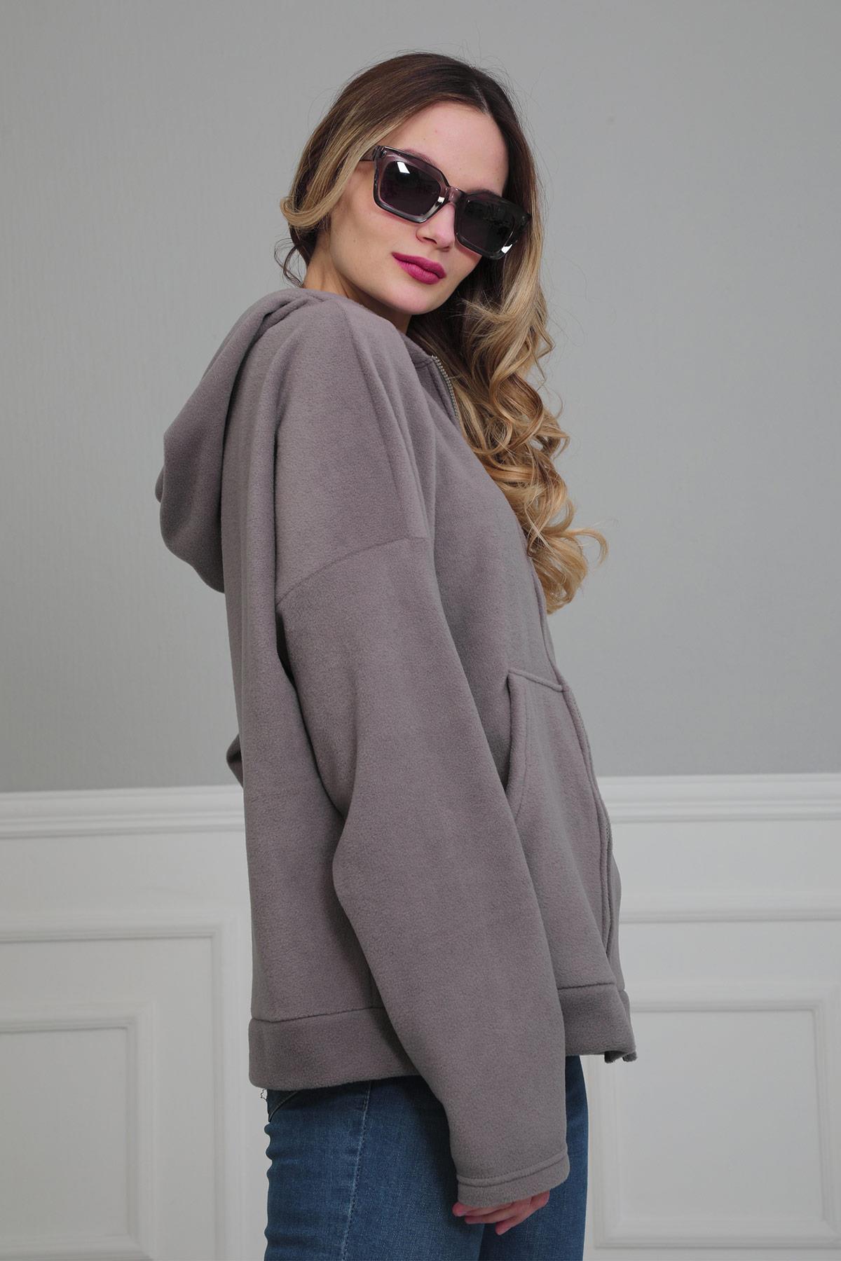 Kapüşonlu Fermuarlı Cepli Polar Sweatshirt,SW-3 Gri