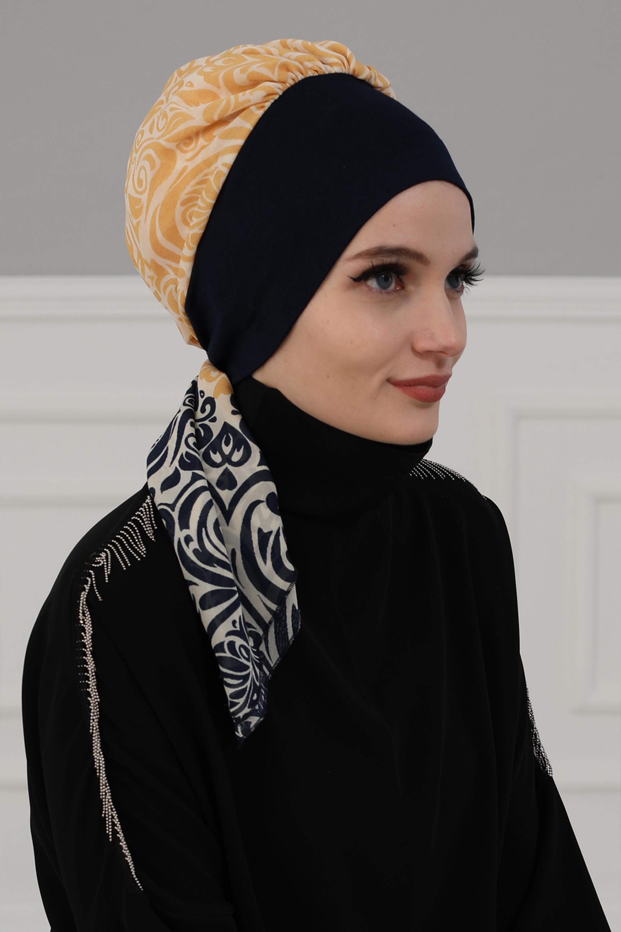 Desenli Şifon Hazır Türban,HT-65D Lacivert - Lacivert Sarı
