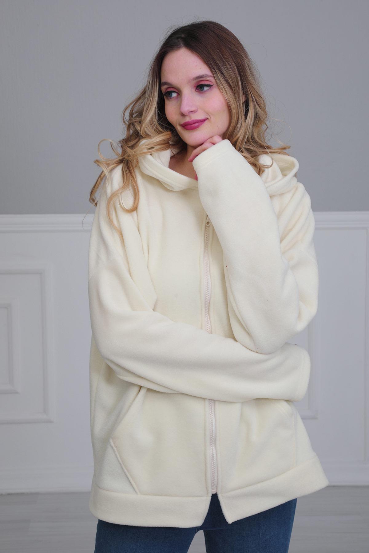 Kapüşonlu Fermuarlı Cepli Polar Sweatshirt,SW-3 Krem