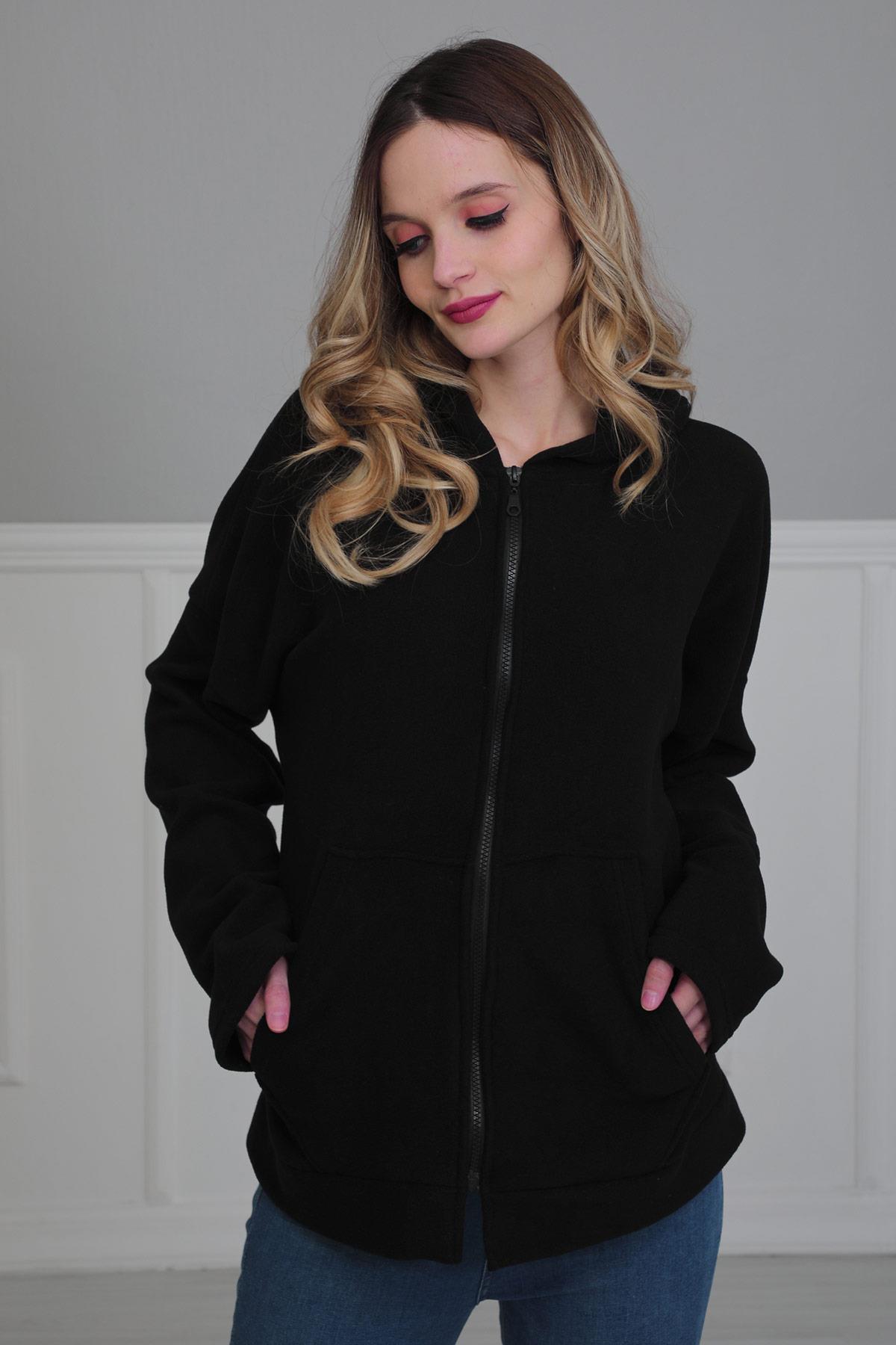 Kapüşonlu Fermuarlı Cepli Polar Sweatshirt,SW-3 Siyah